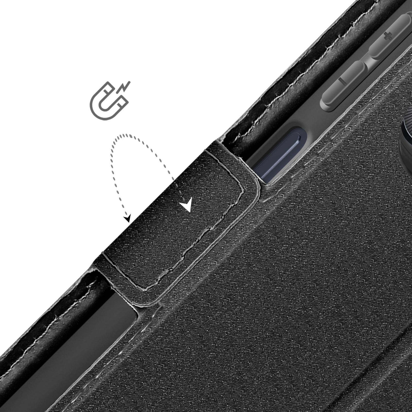 Custodia per telefono nera. Una linea tratteggiata mostra come si attacca una chiusura magnetica. Viene mostrata un'icona del magnete.