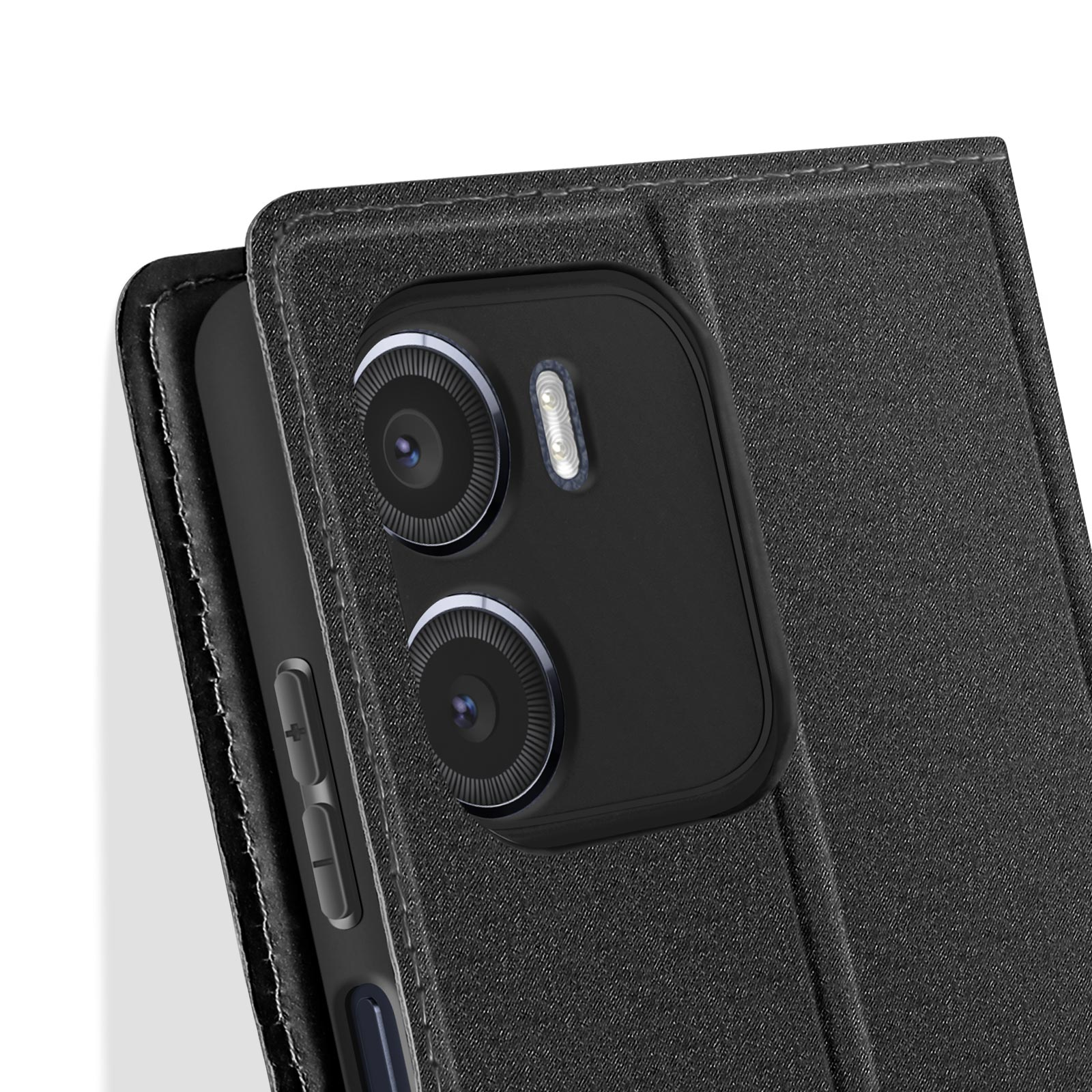 Primo piano della custodia del telefono con lenti della fotocamera e pulsanti visibili.