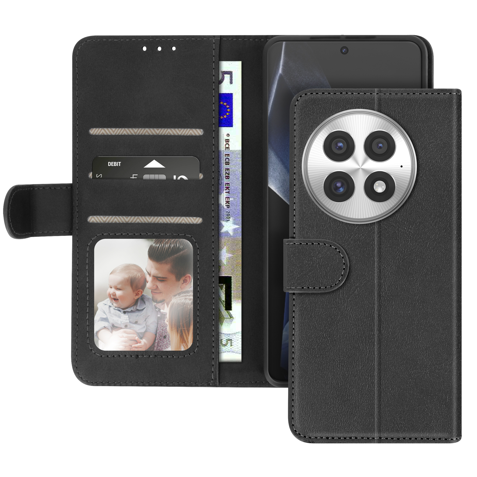 Schwarzes Handyhüllen-Portemonnaie, offen, mit Familienfoto. Telefon ist sichtbar. Gehäuse hat einen Verschluss.