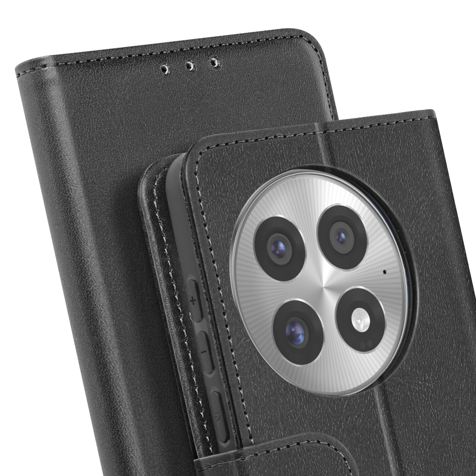 Schwarze Handyhülle offen, zeigt das Telefon und das Innere der Hülle.