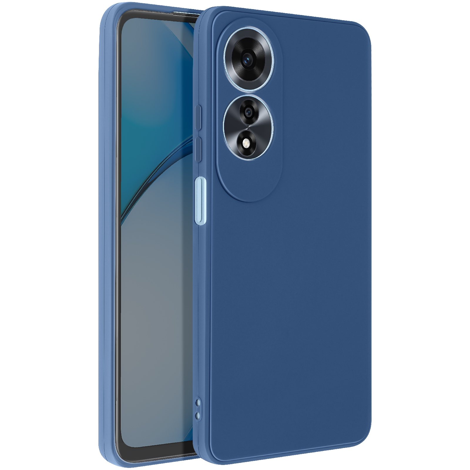 Un telefono blu con una custodia abbinata. La custodia copre la parte posteriore del telefono.