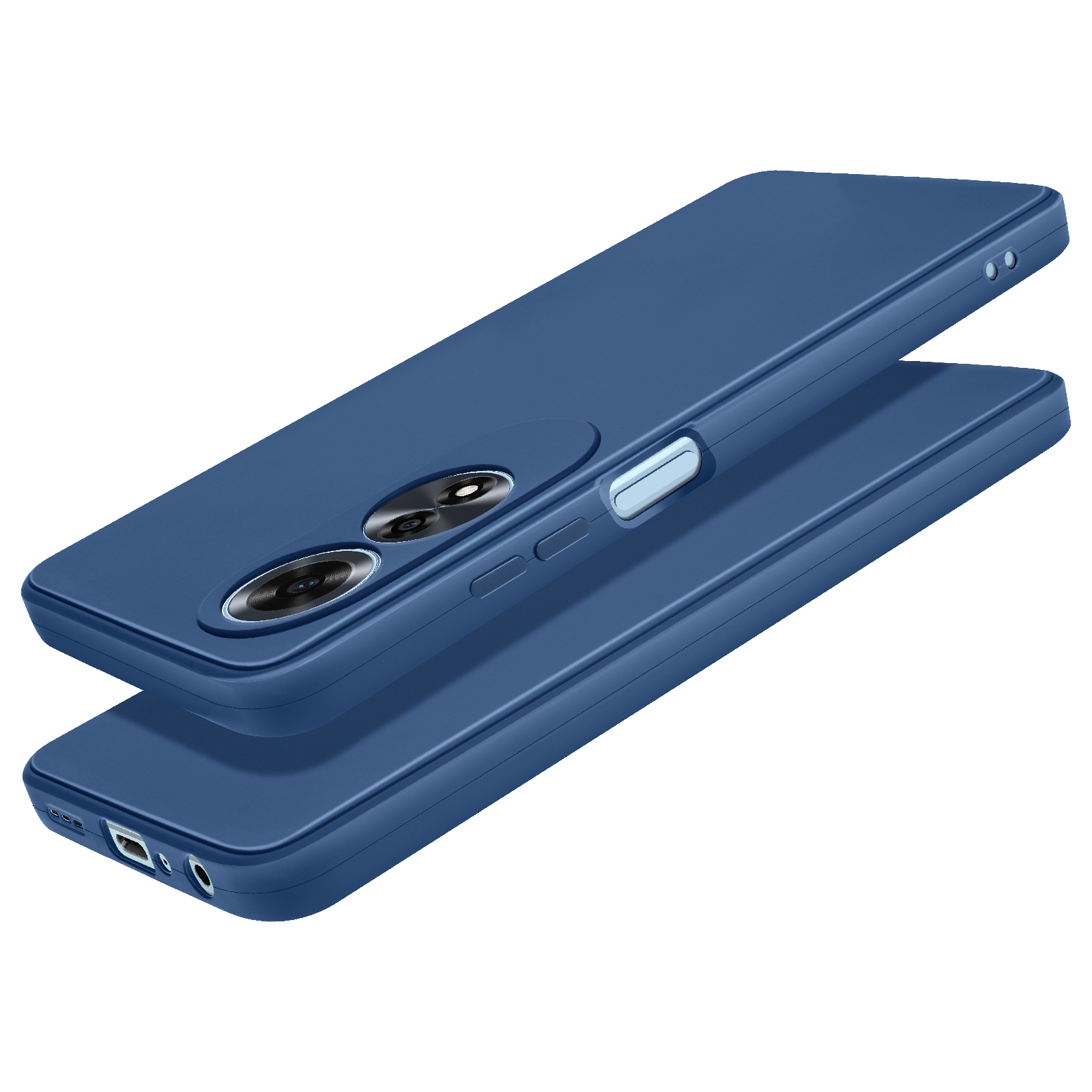 Una custodia blu per telefono con un telefono blu. La custodia copre parzialmente il telefono.