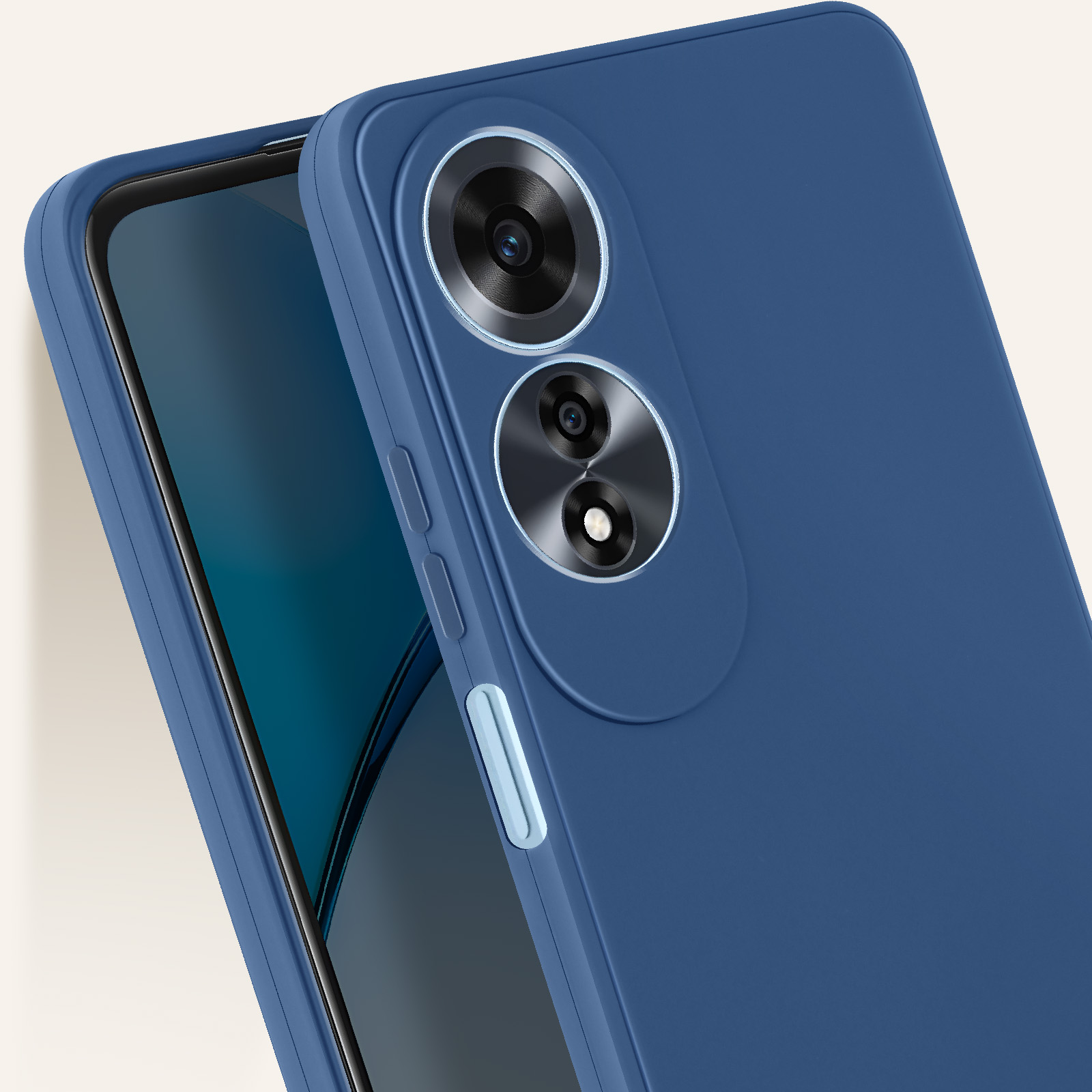 Custodia blu parzialmente sopra un telefono con lenti della fotocamera.