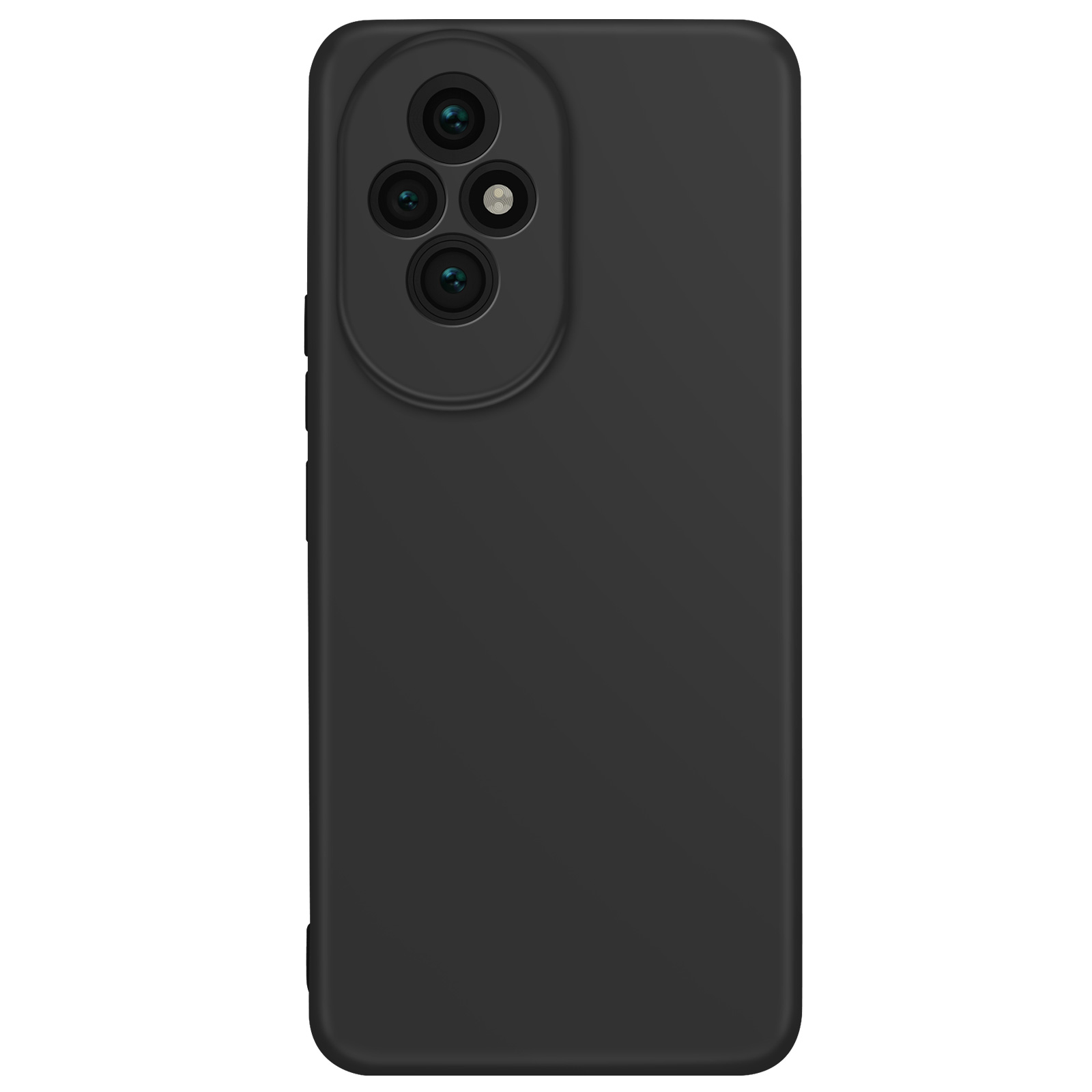 Custodia nera con tre fotocamere allineate verticalmente. La custodia è su un telefono.