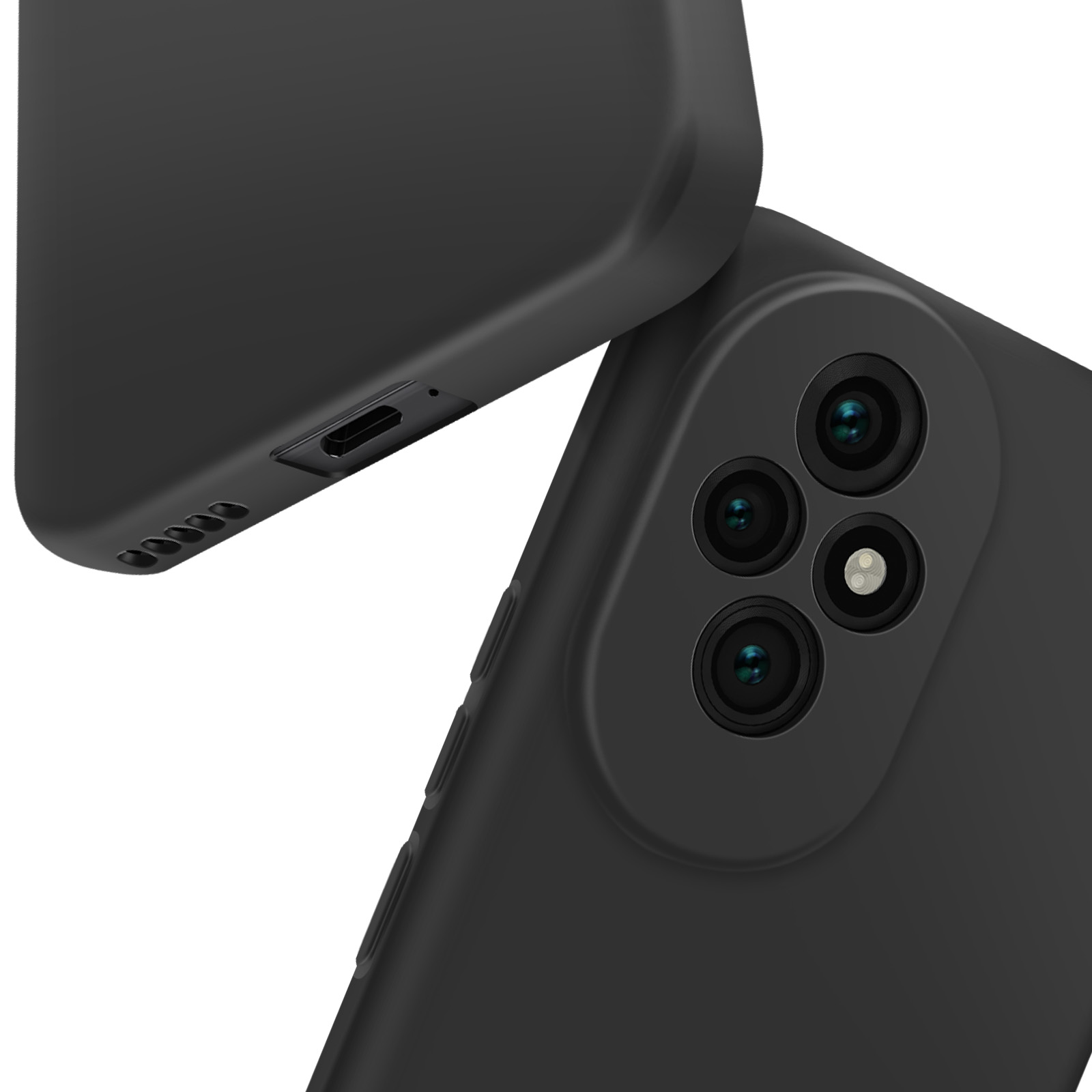 Custodia nera e telefono con tre fotocamere. Angolo superiore destro visibile.