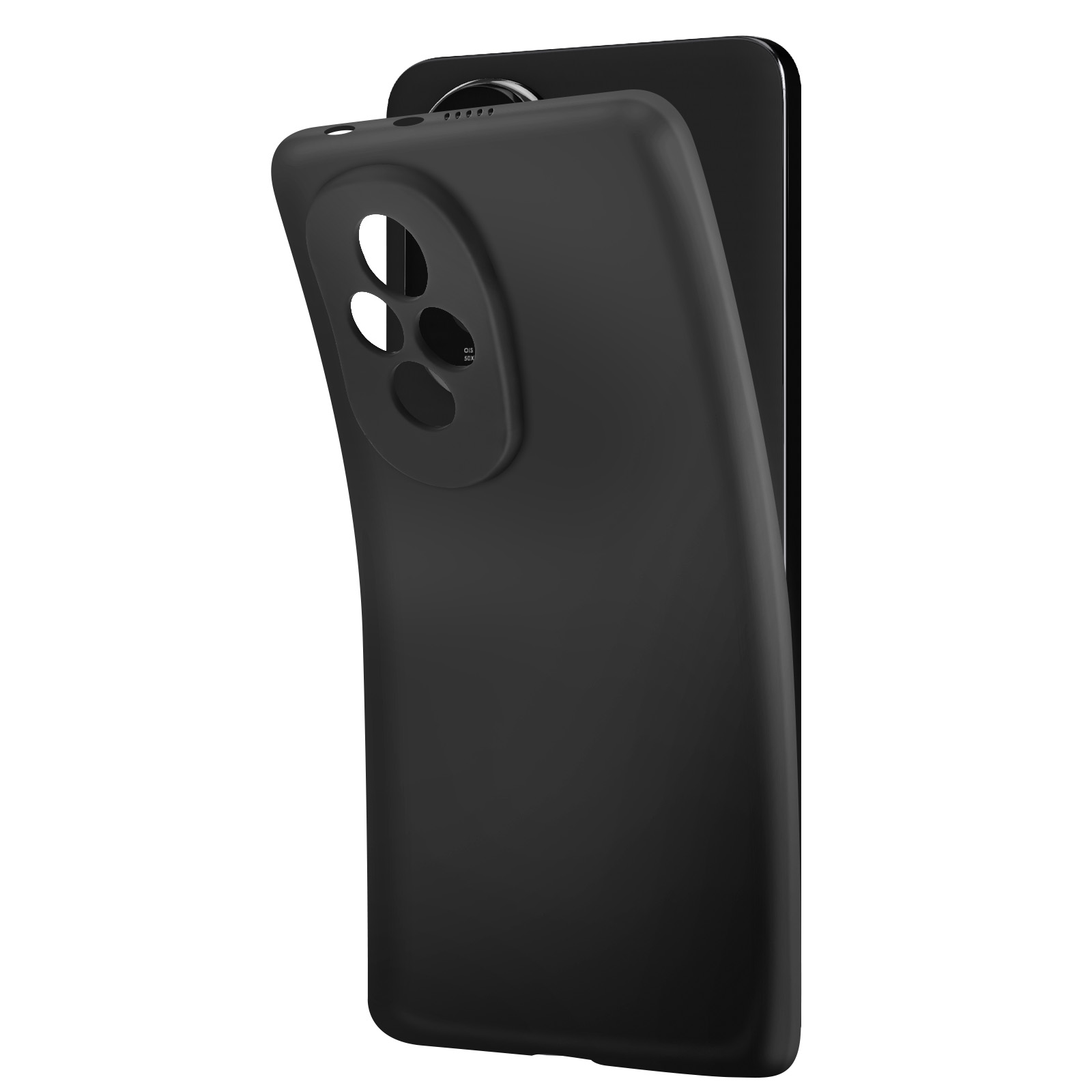 Custodia nera staccata dal telefono. Tre fotocamere sono visibili sul telefono.