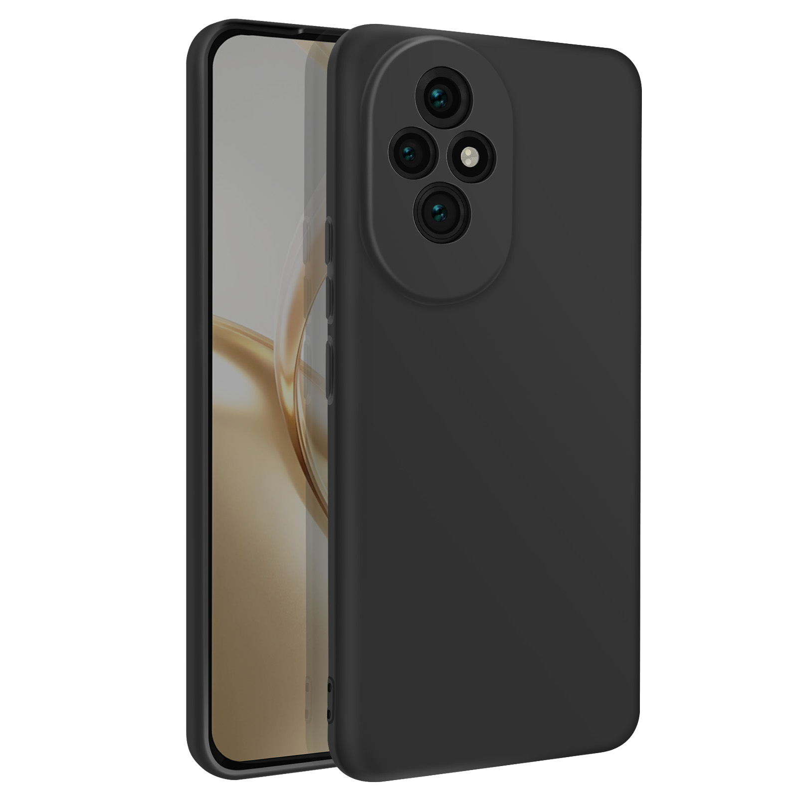 Custodia nera, telefono dentro. Obiettivi della fotocamera visibili. Design semplice e solido.