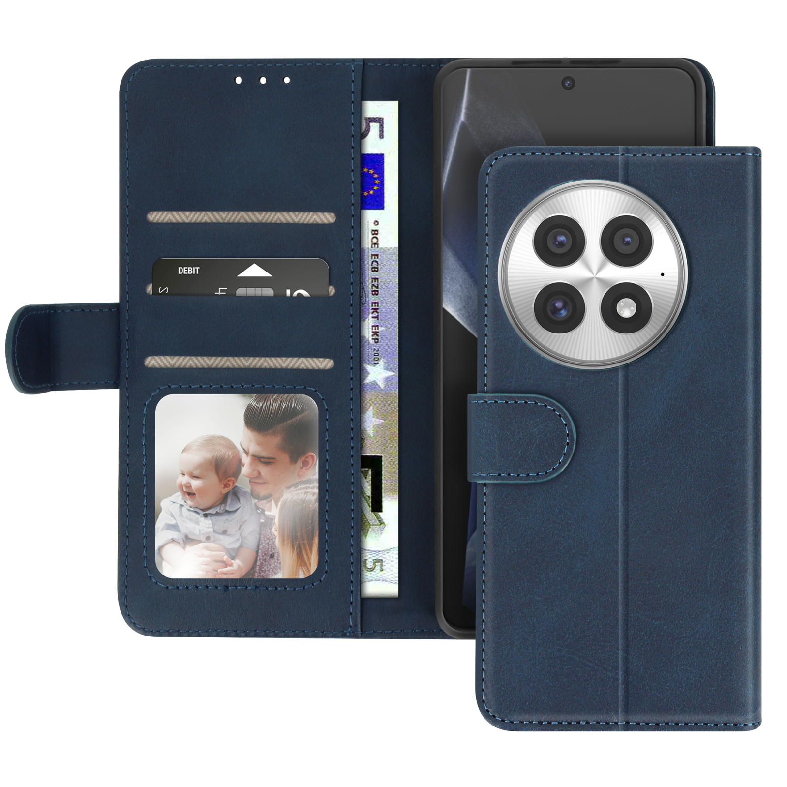 Blaue Brieftaschen-Handyhülle, offen, zeigt Telefon, Foto, Debitkarte und Euro-Schein.
