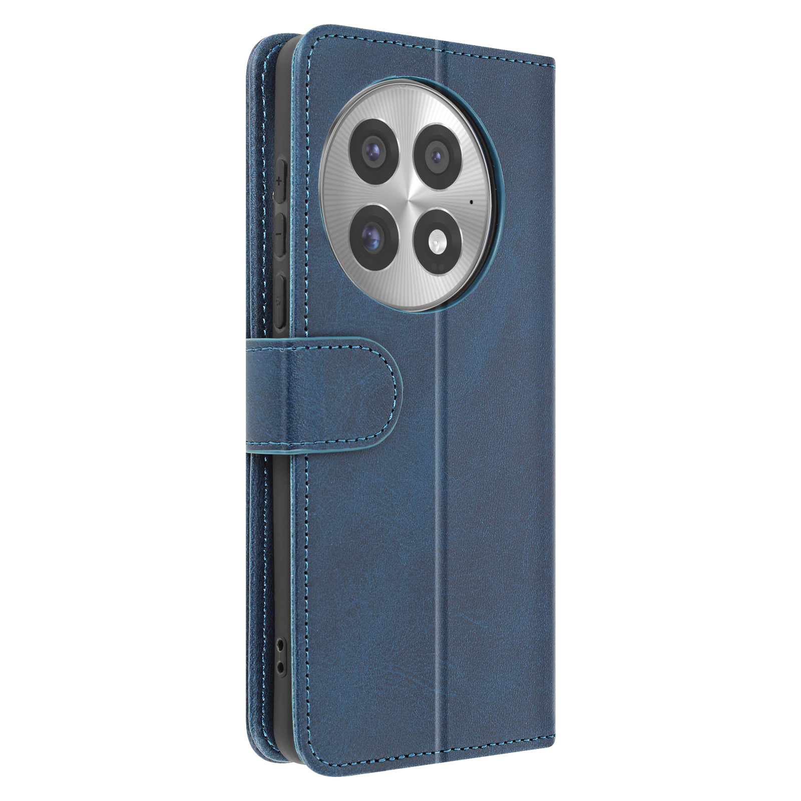 Blaue Leder-Handyhülle, geöffnet, mit Telefon. Auf weißem Hintergrund.