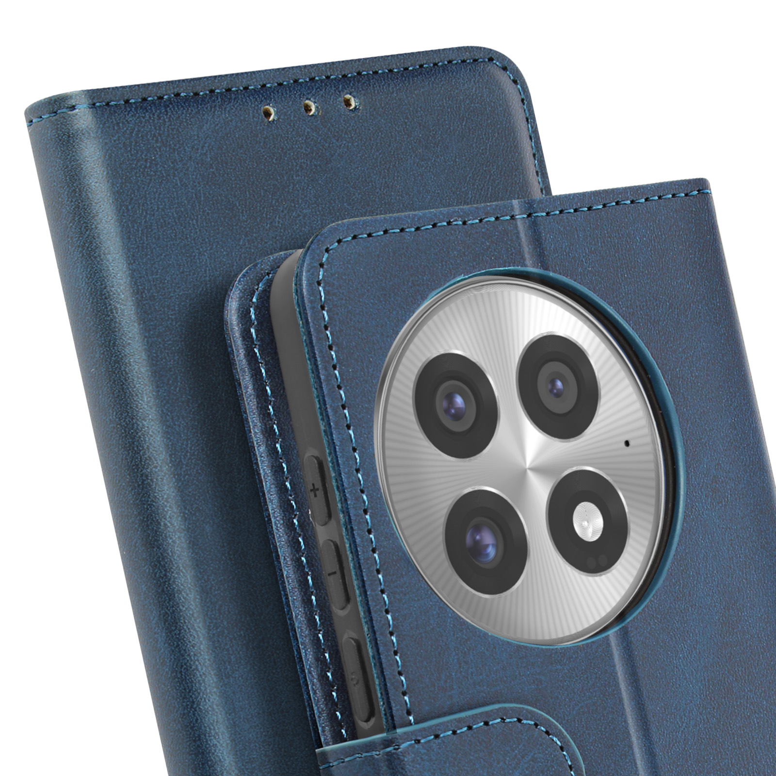 Nahaufnahme einer blauen Leder-Handyhülle mit Telefon. Auf weißem Hintergrund.