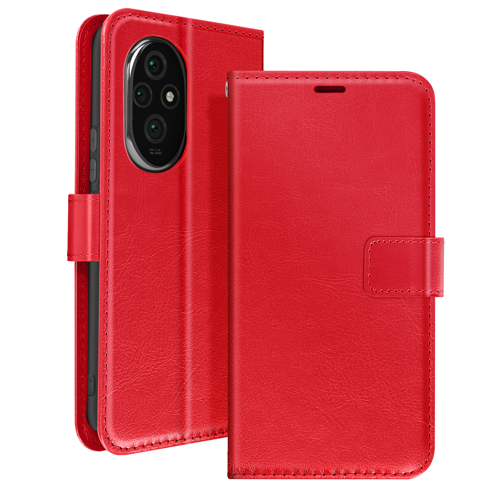 Custodia rossa per telefono, aperta, mostra il telefono. Texture in pelle, stile portafoglio.