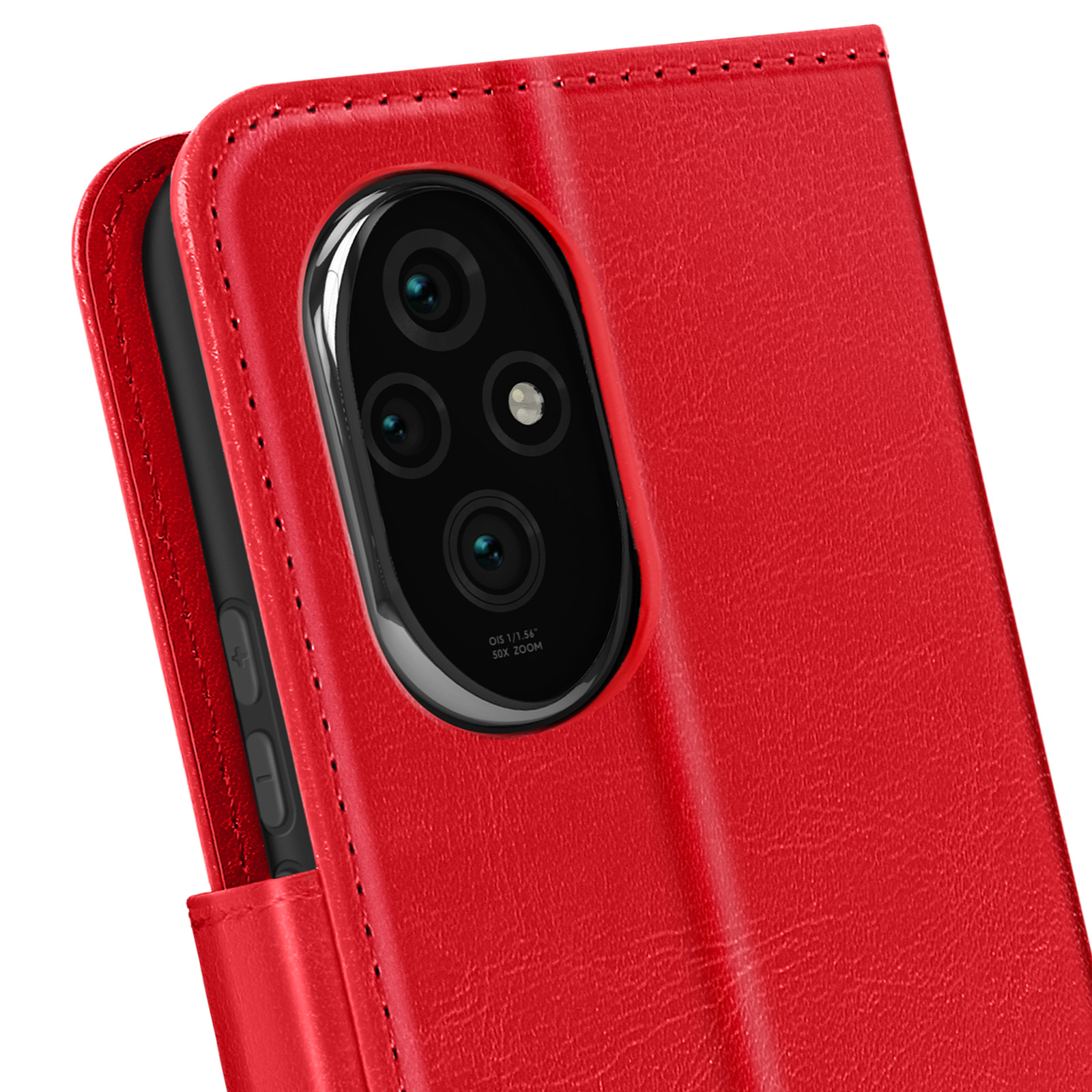 Custodia rossa per telefono in primo piano, che mostra il telefono all'interno. Obiettivi visibili.