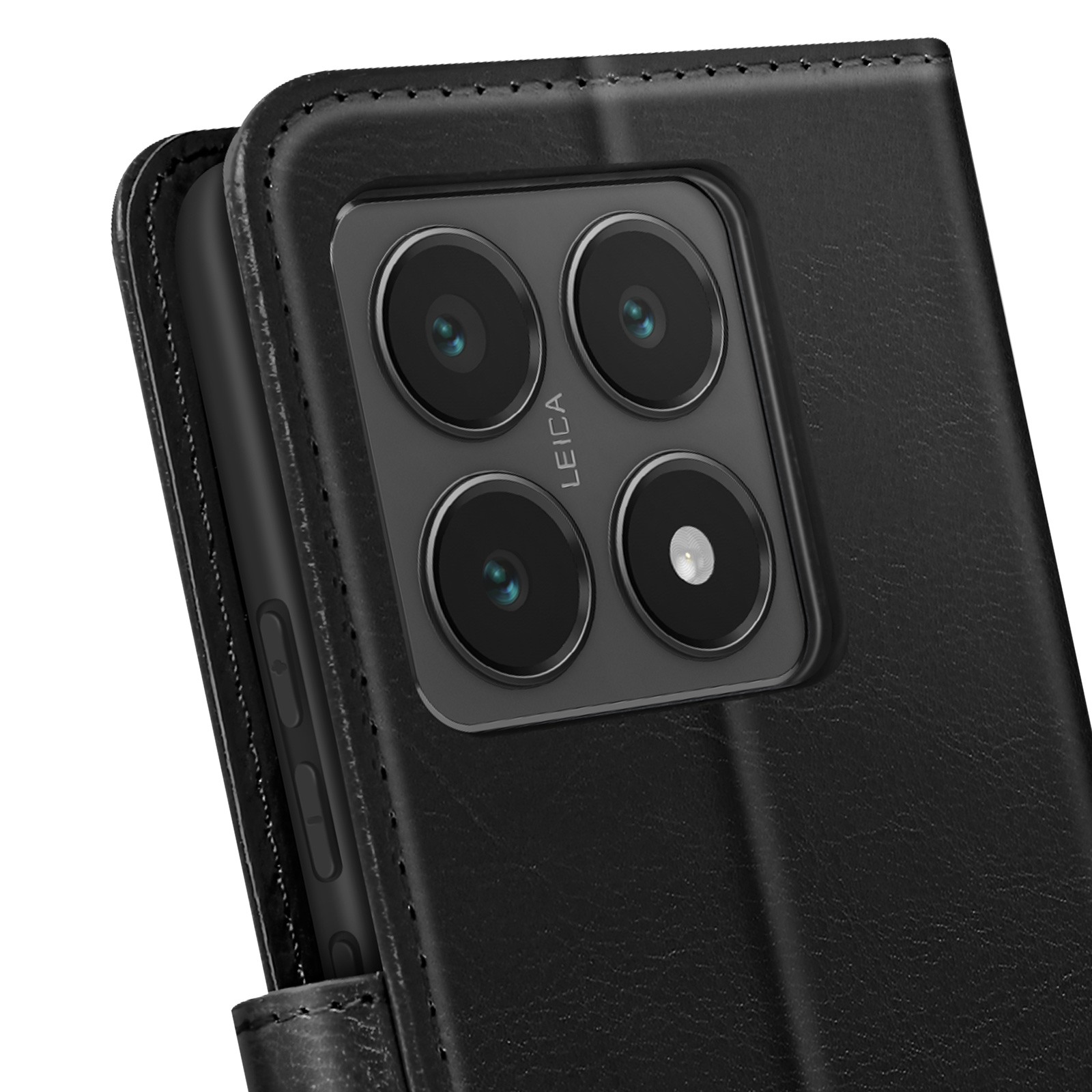 Primo piano di una custodia per telefono, con obiettivi della fotocamera. La parola Leica è stampata.