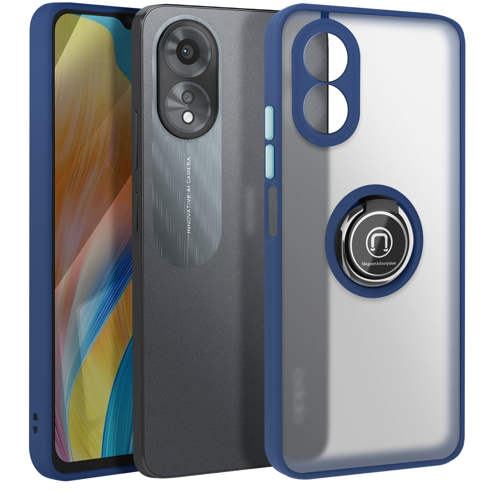 Custodia blu per telefono con telefono, fotocamera e anello magnetico.