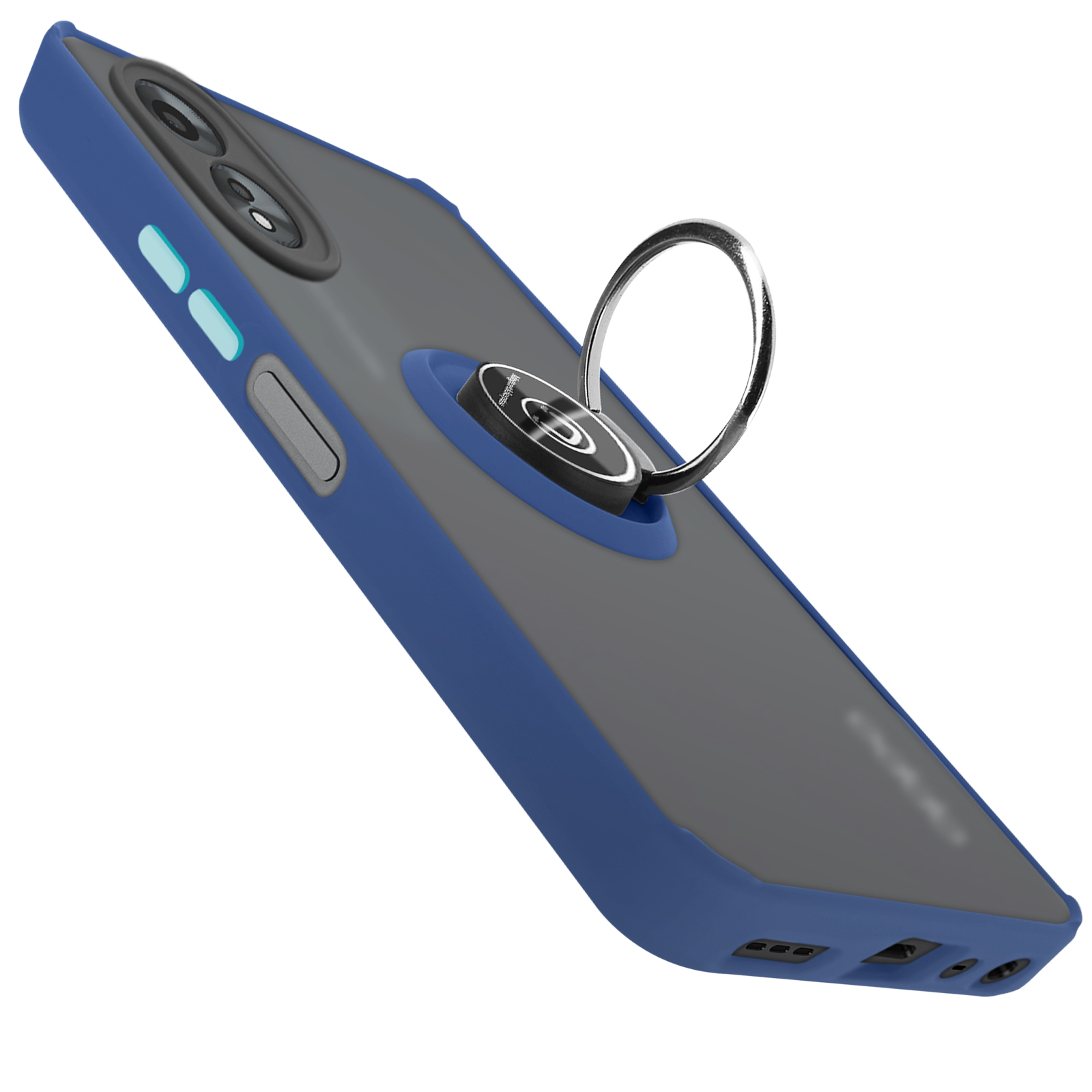 Custodia per telefono blu con fotocamera e anello argentato.