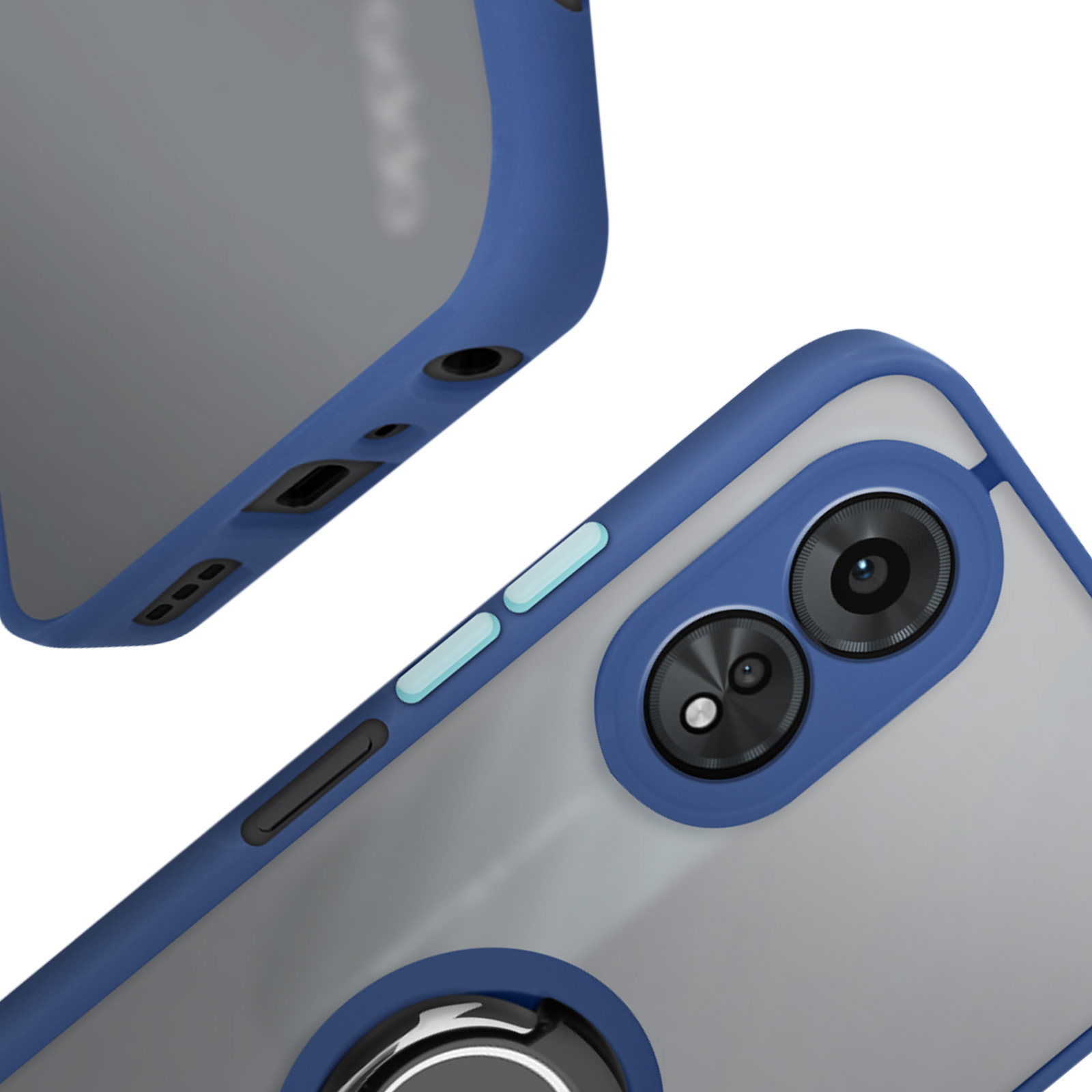 Custodia blu per telefono con telefono, fotocamera e anello magnetico.