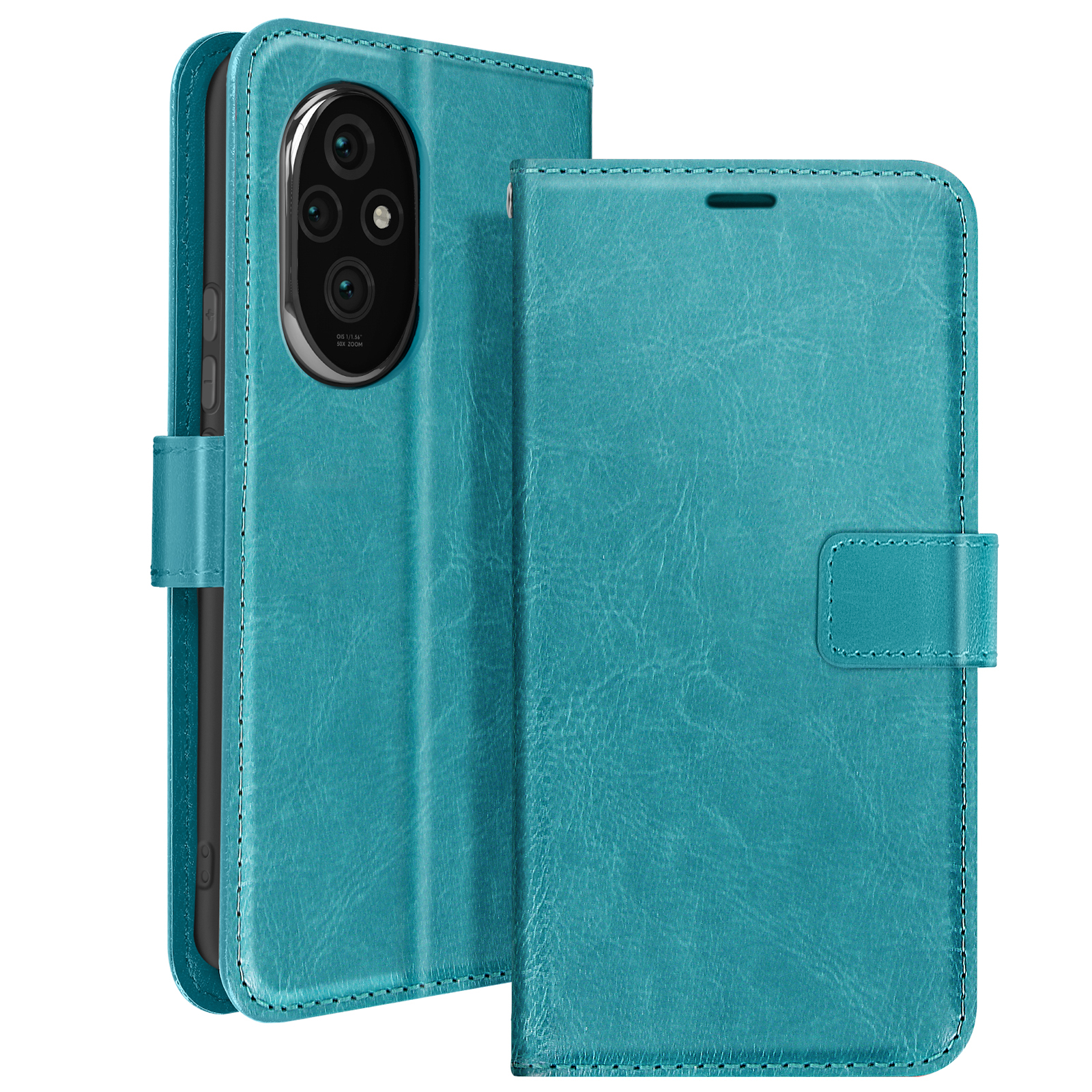Una custodia per telefono verde acqua, aperta. Il telefono è all'interno della custodia, con una copertura turchese.