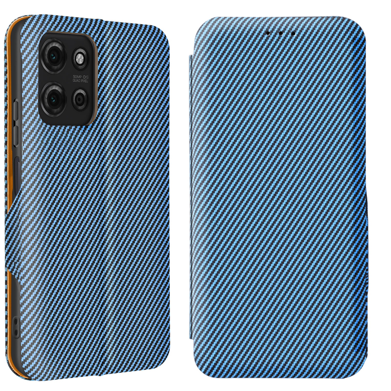 Due telefoni in custodia in fibra di carbonio blu. Uno aperto, uno chiuso. Motivo strutturato nero e blu.