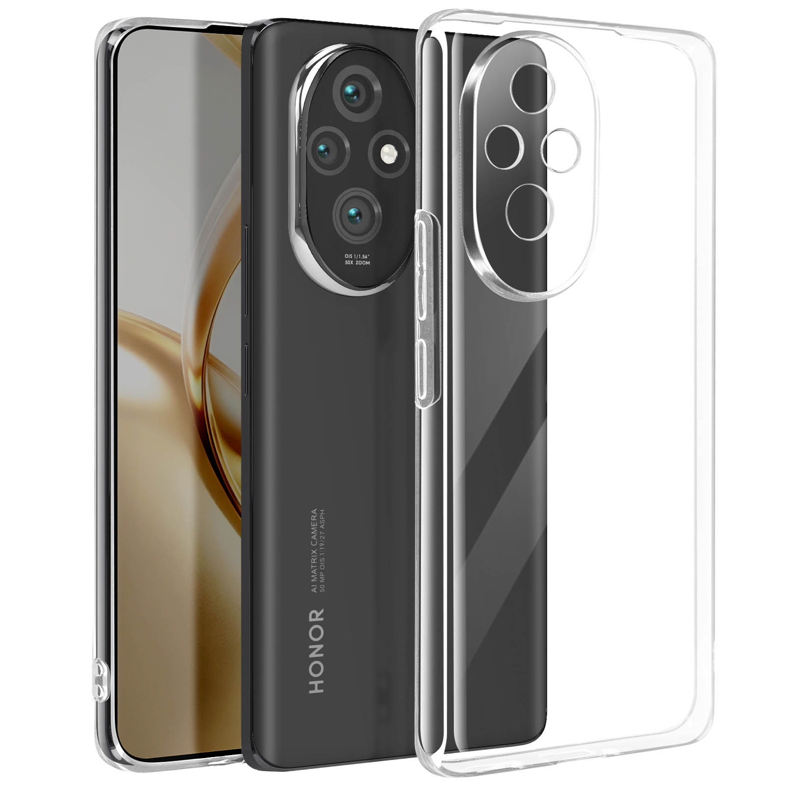 Custodia per telefono trasparente. Si vede il retro nero del telefono. La custodia ha bordi trasparenti e un ritaglio per la fotocamera.