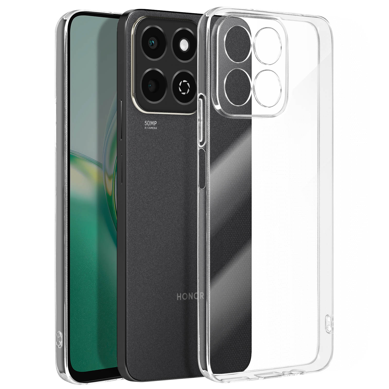 Telefono con custodia trasparente. Il telefono ha un modulo fotocamera, marchio HONOR sul retro.