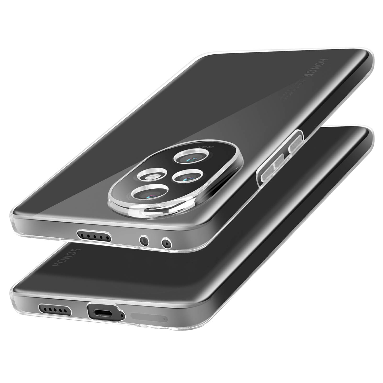 Telefono in una custodia trasparente. Il telefono ha un modulo fotocamera, marchio HONOR sul retro.