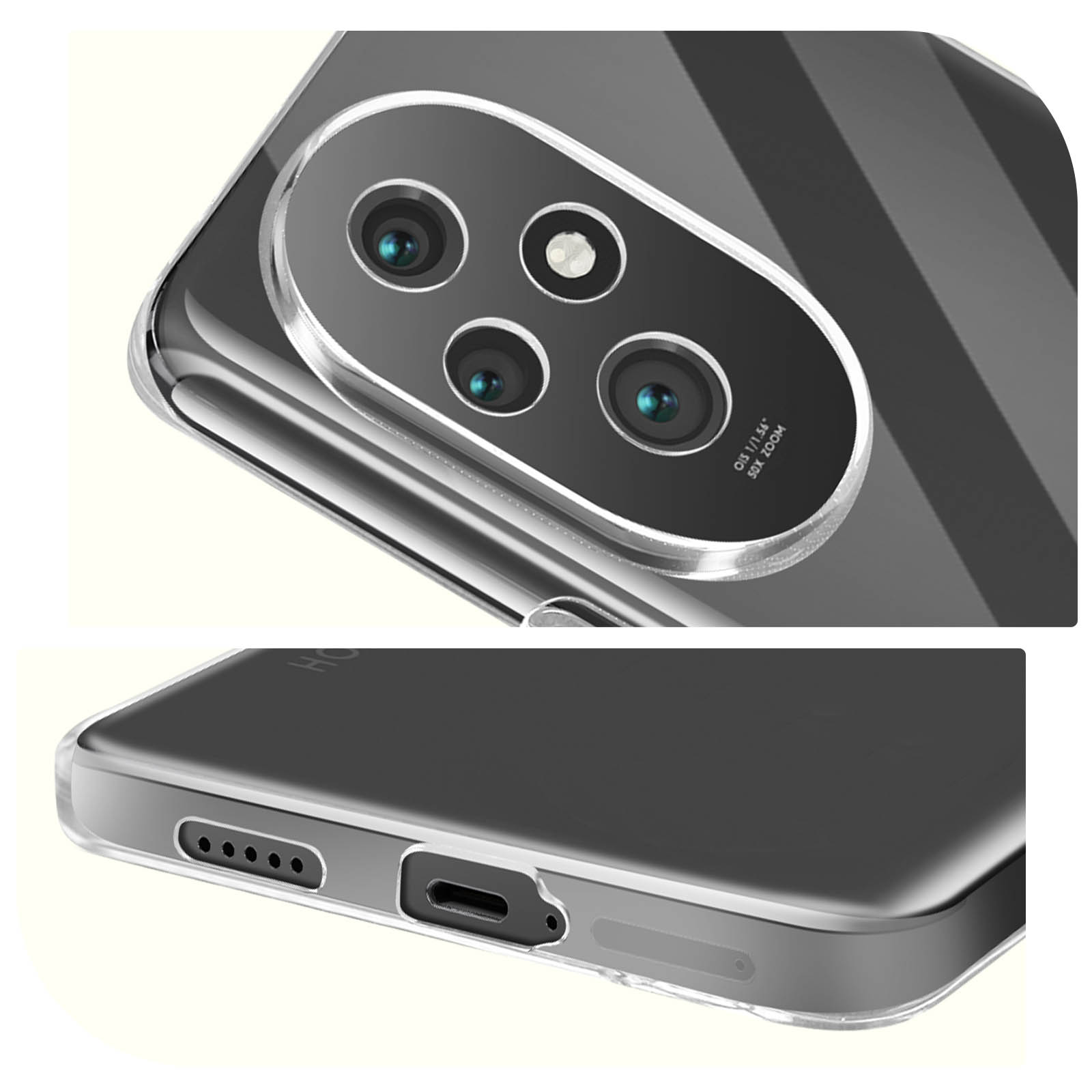 Primo piano di un telefono. Custodia trasparente con modulo fotocamera e porta di ricarica. Telefono nero.