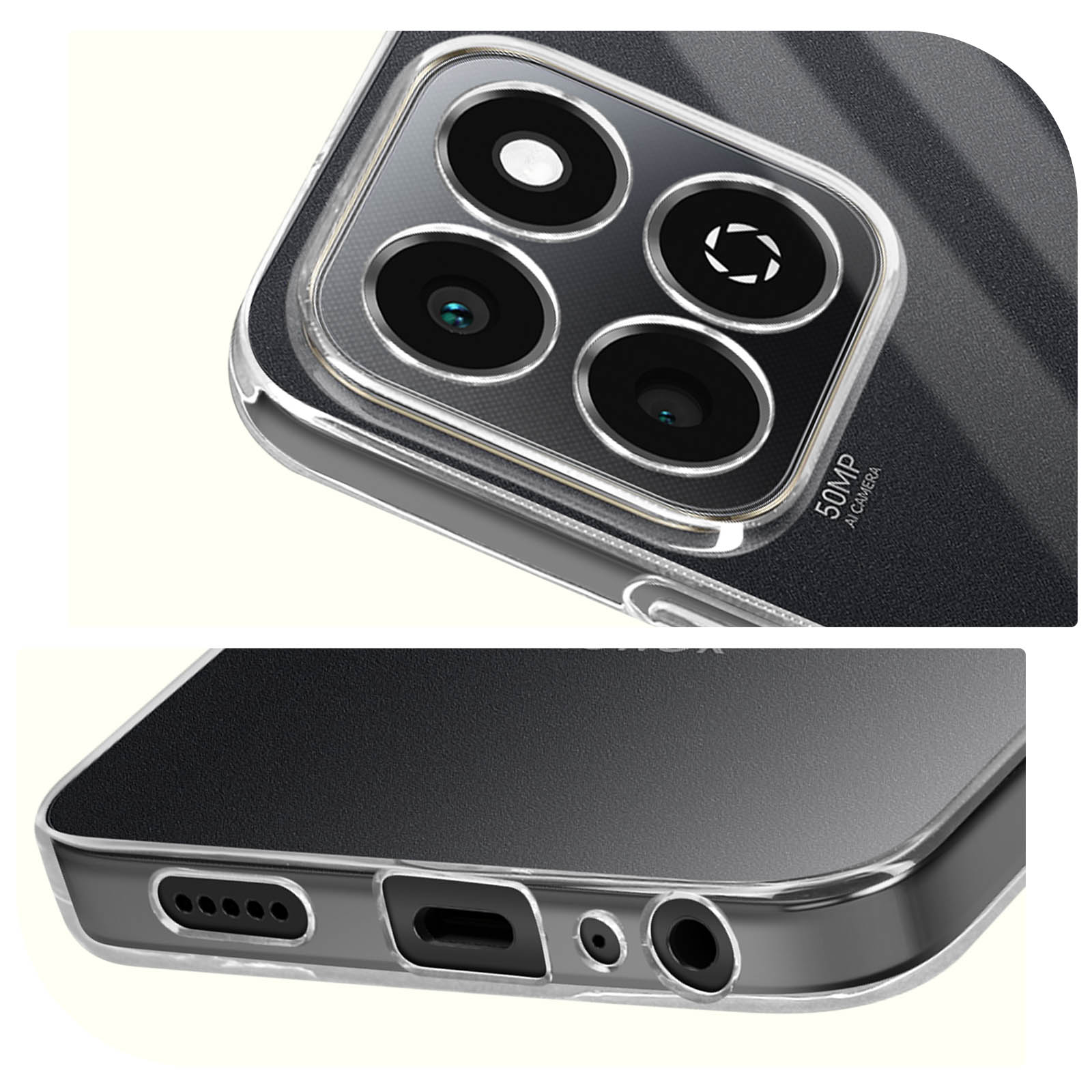 Primo piano del rigonfiamento della fotocamera e delle porte di un telefono. Il telefono ha una custodia trasparente.