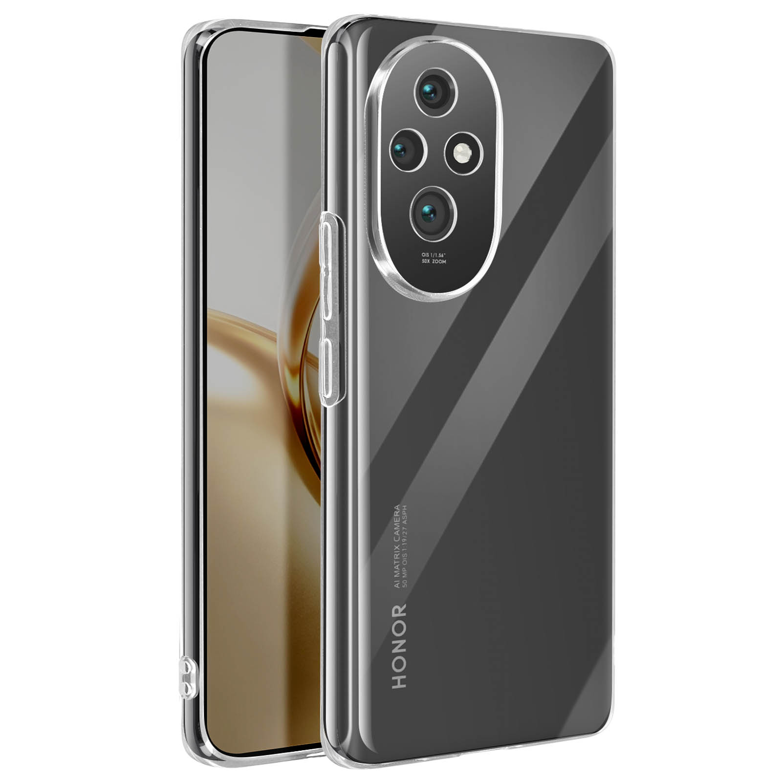 Telefono in una custodia trasparente. Il telefono ha un modulo fotocamera, marchio HONOR sul retro. Sfondo bianco.