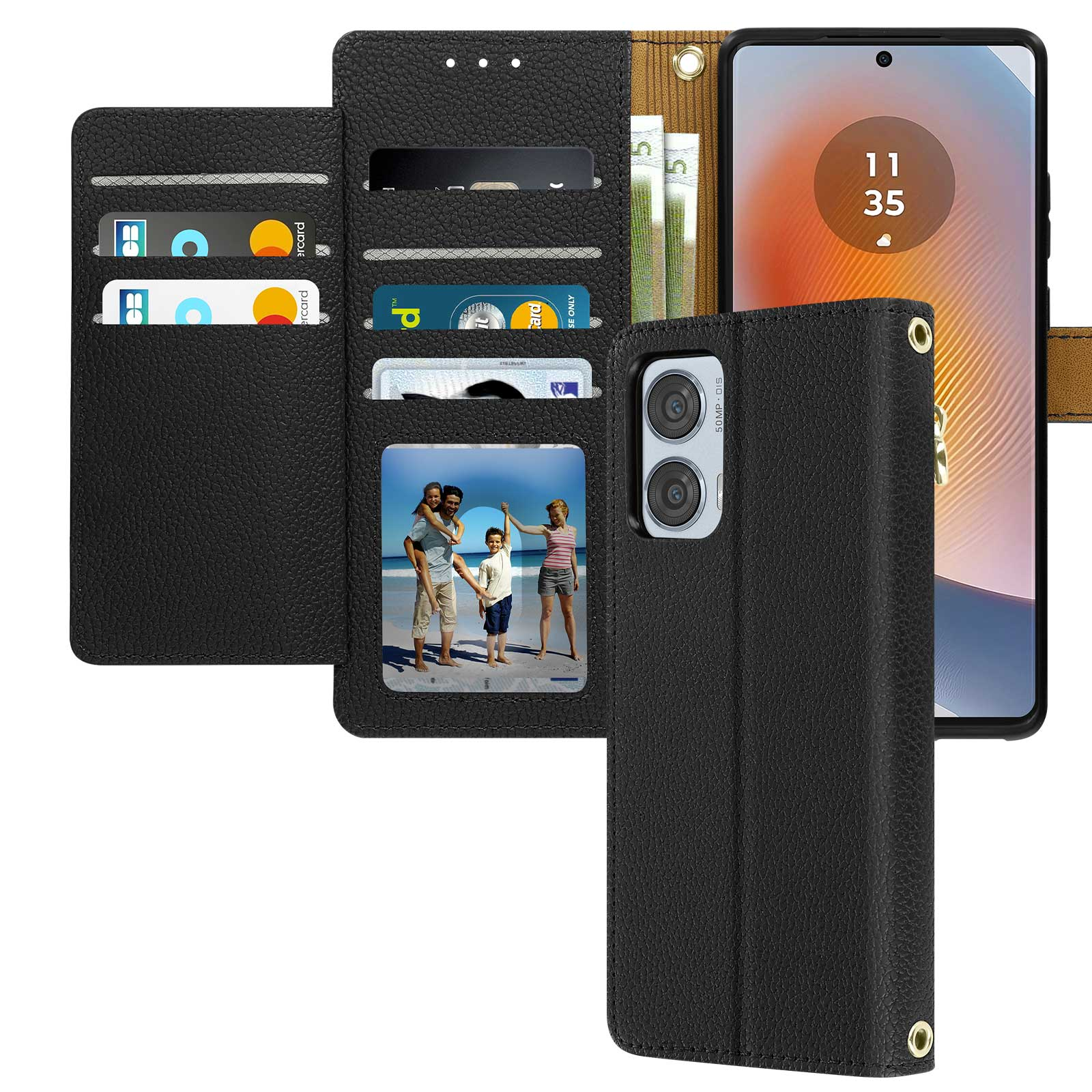 Portafoglio per telefono nero aperto, che mostra carte, denaro e un telefono con foto di famiglia e mappa.