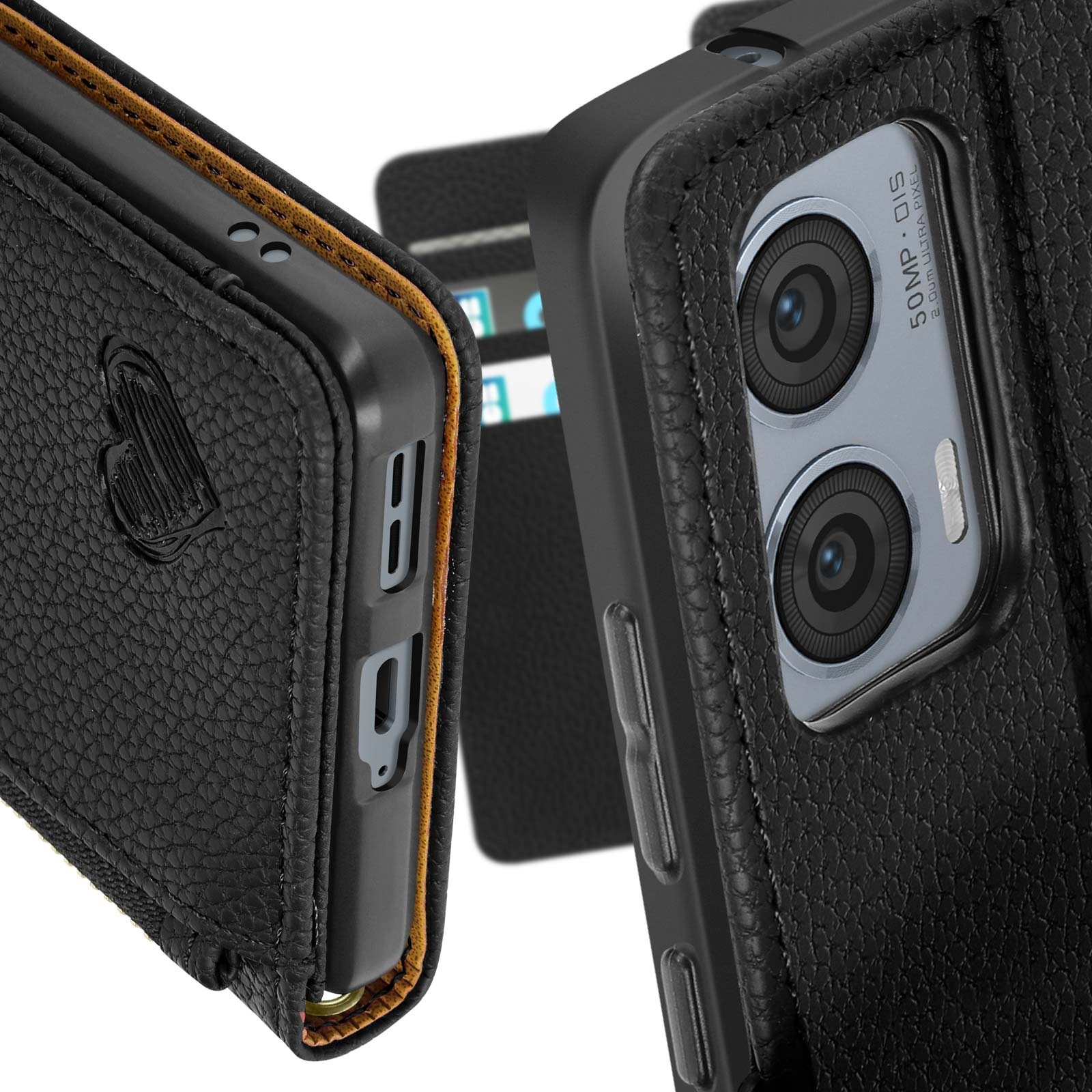 Telefono nero in custodia in pelle nera. Porte del telefono visibili. È visibile anche un porta carte di credito.