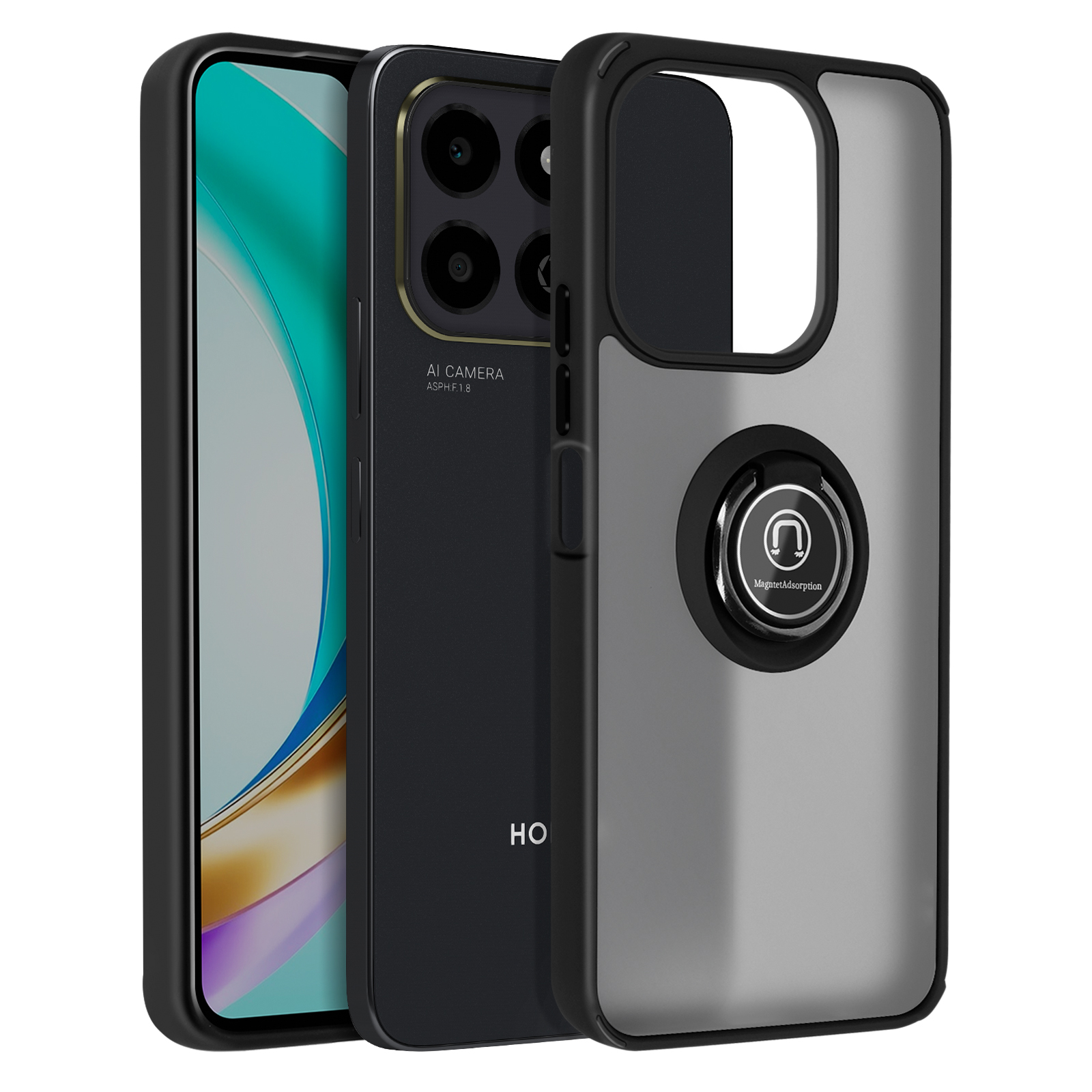 Telefon mit durchsichtiger Hülle. Auf der Rückseite befindet sich ein Ringhalter. Vier Kameras sind sichtbar.