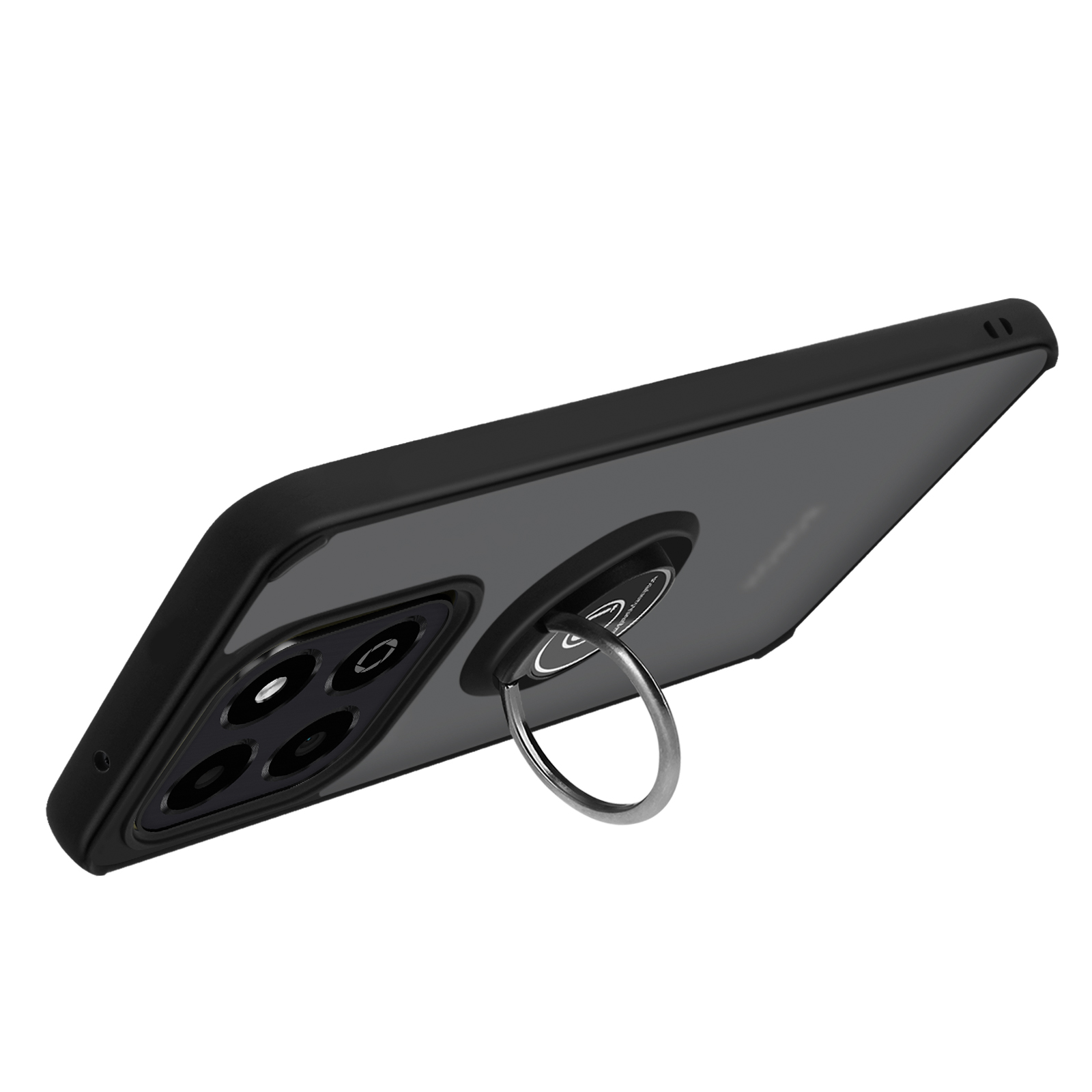 Schwarzes Telefon mit angebrachtem Ringständer. Das Telefon ist in einer transparenten Hülle.
