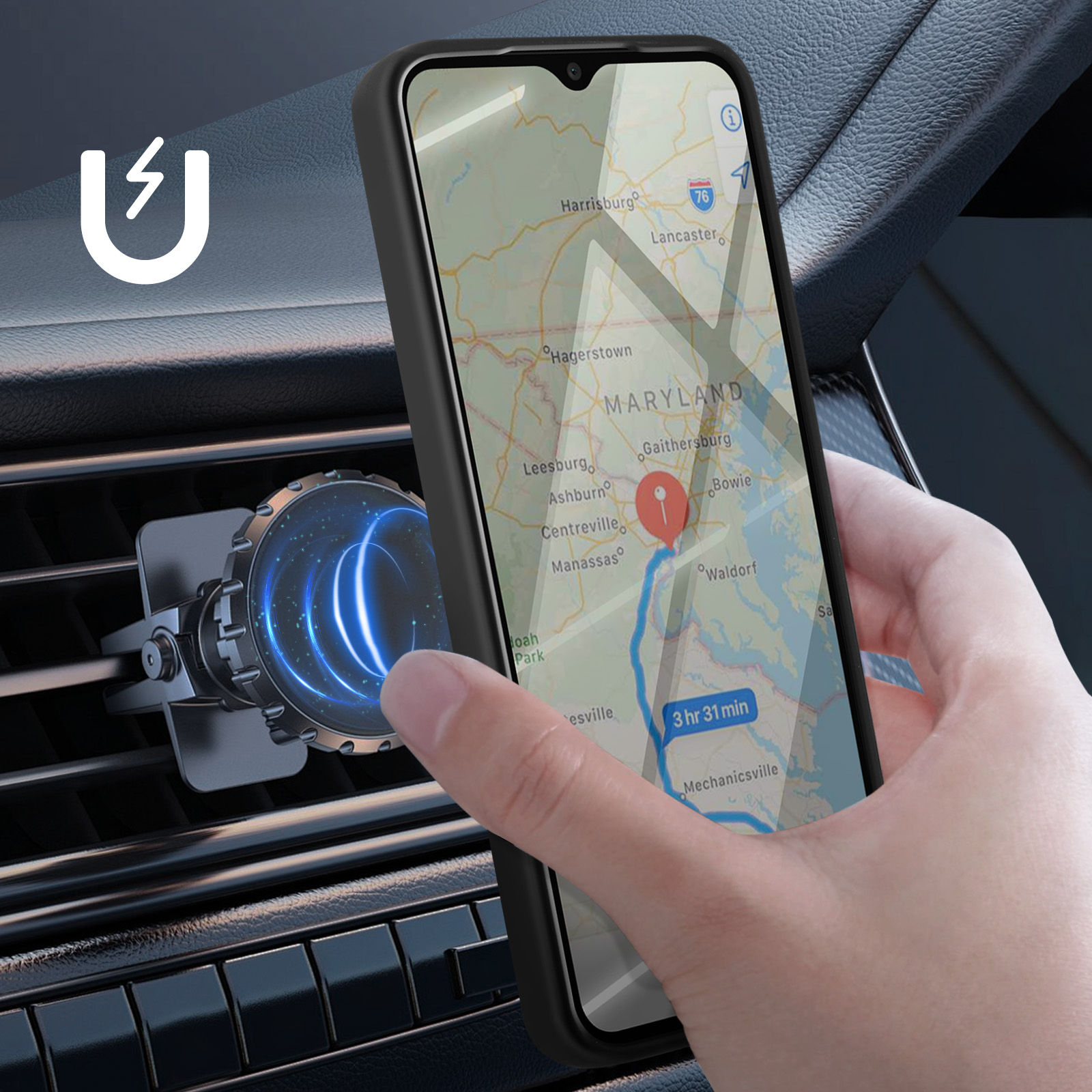 Telefon in einer Autolüfterhalterung, die eine Karte mit einer Route anzeigt. Das Telefon ist in einer schwarzen Hülle.
