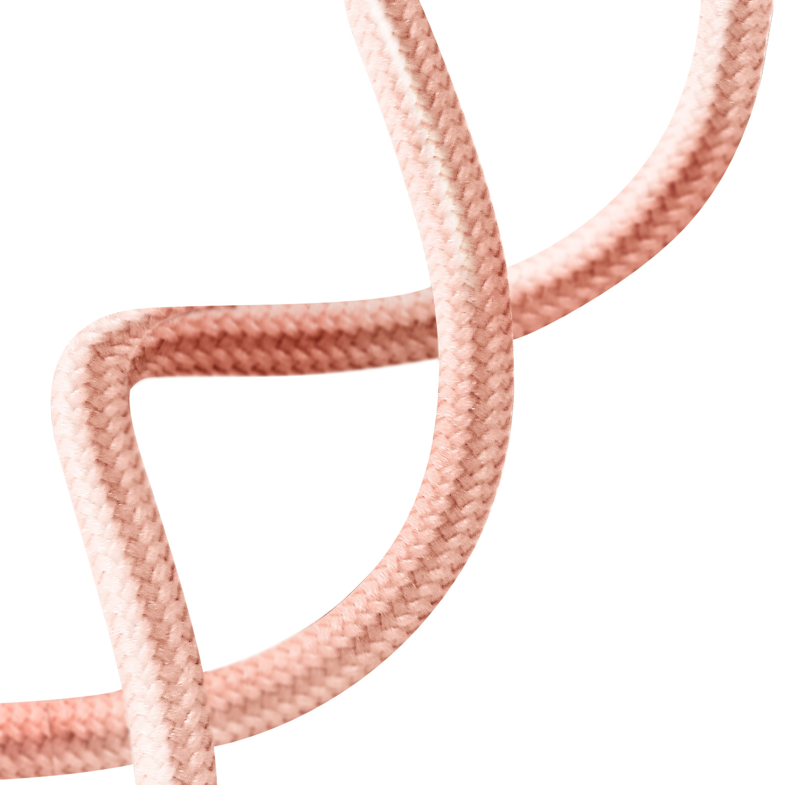Cavo rosa intrecciato su sfondo bianco. Il cavo si curva in modo dolce e fluido.
