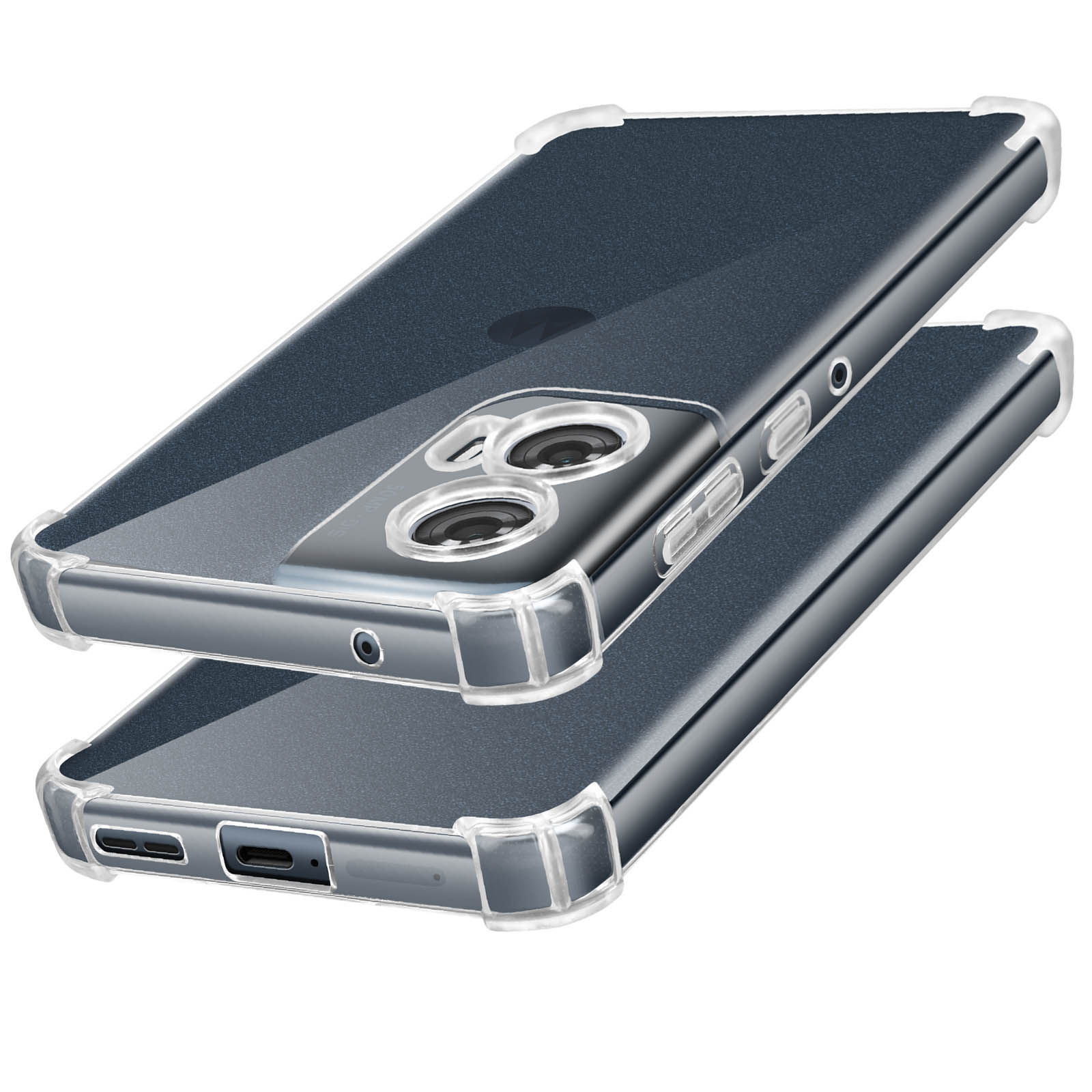Due custodie per telefono, trasparenti con retro grigio, che mostrano le viste posteriore e laterale.