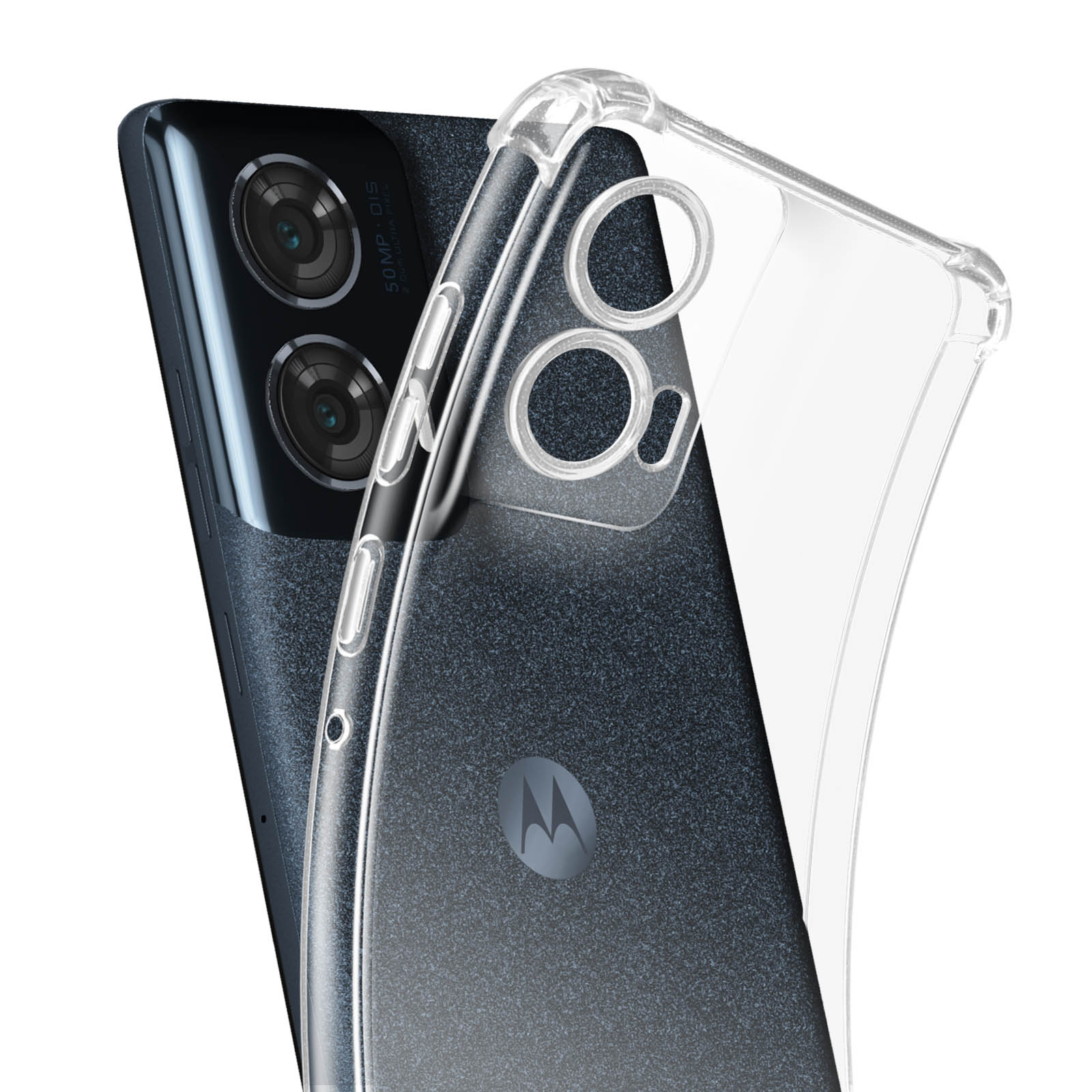 Custodia trasparente per telefono su un telefono. Due fotocamere, un flash e il logo Motorola sono visibili.
