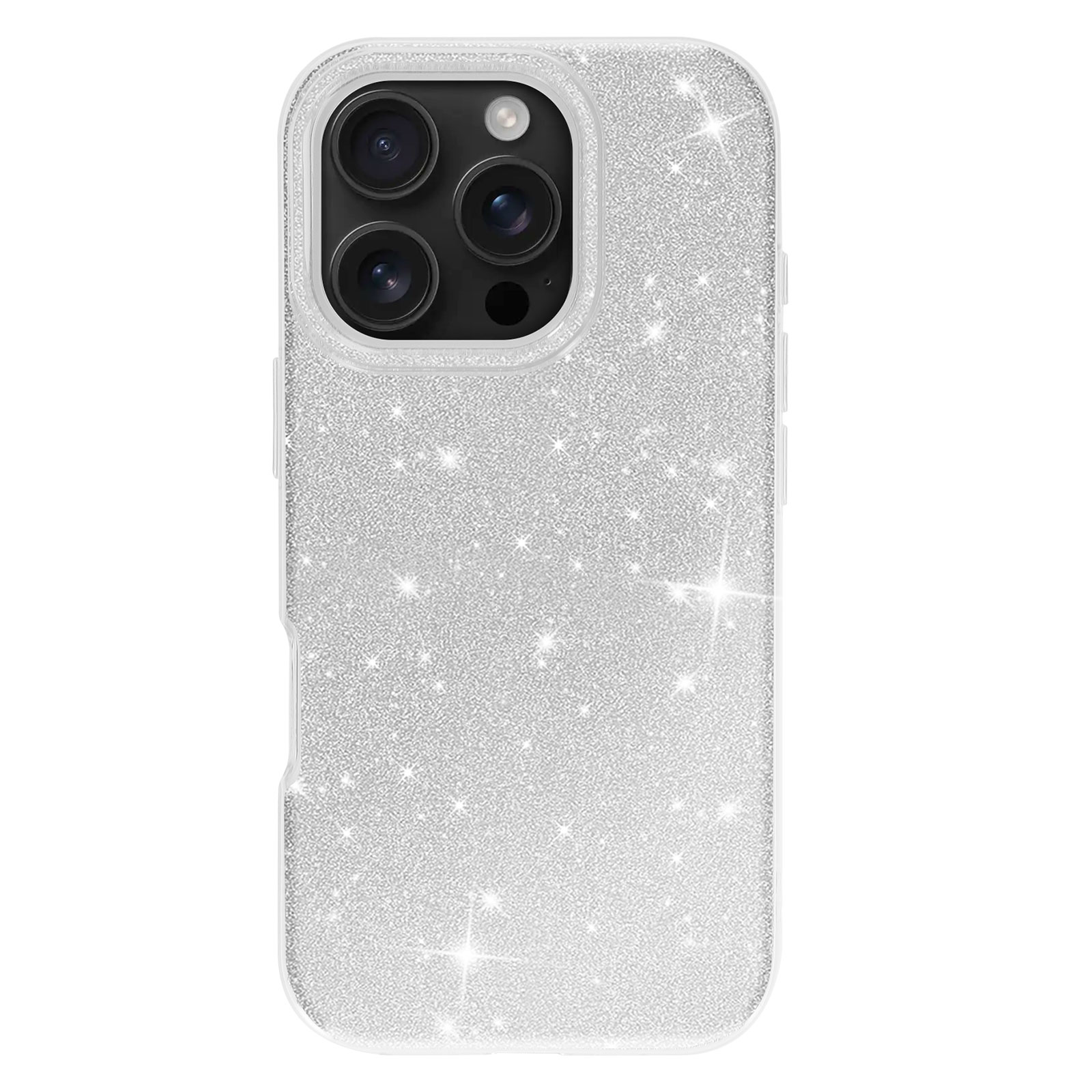 Custodia per telefono glitterata argentata con tre fotocamere. La custodia ha una cornice bianca.