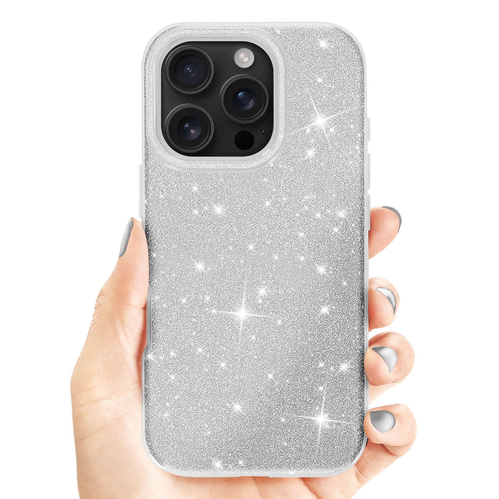 Una mano che tiene una custodia per telefono argentata glitterata. Lo schermo del telefono è visibile.