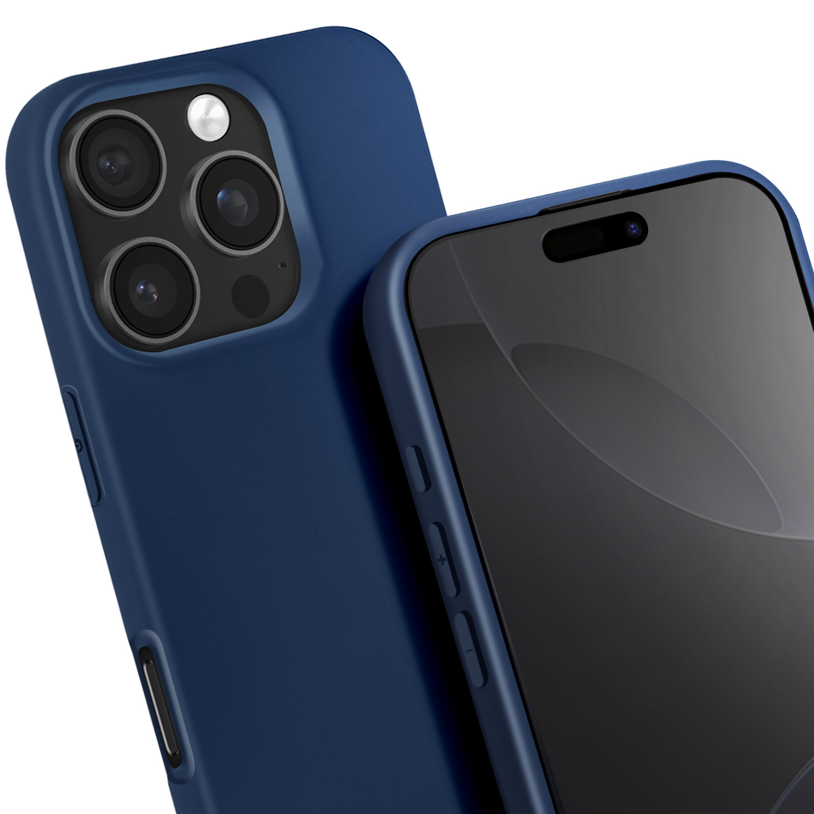 Una custodia per telefono blu navy con un telefono all'interno. Lo schermo del telefono è visibile.