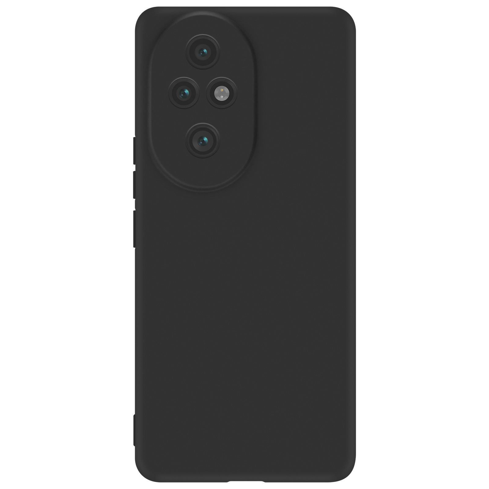Custodia per telefono nera, vista posteriore. Ha ritagli per la fotocamera e pulsanti.