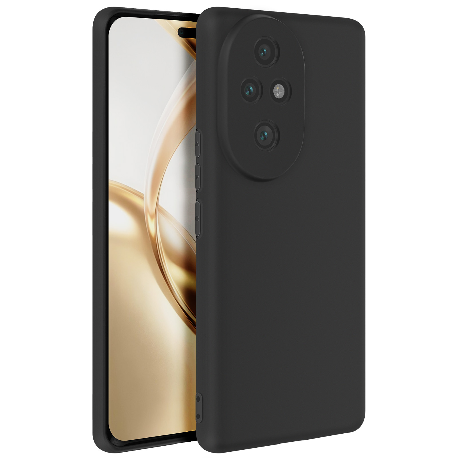 Telefono nero con custodia nera. Lo schermo del telefono è visibile. La custodia ha ritagli per la fotocamera.