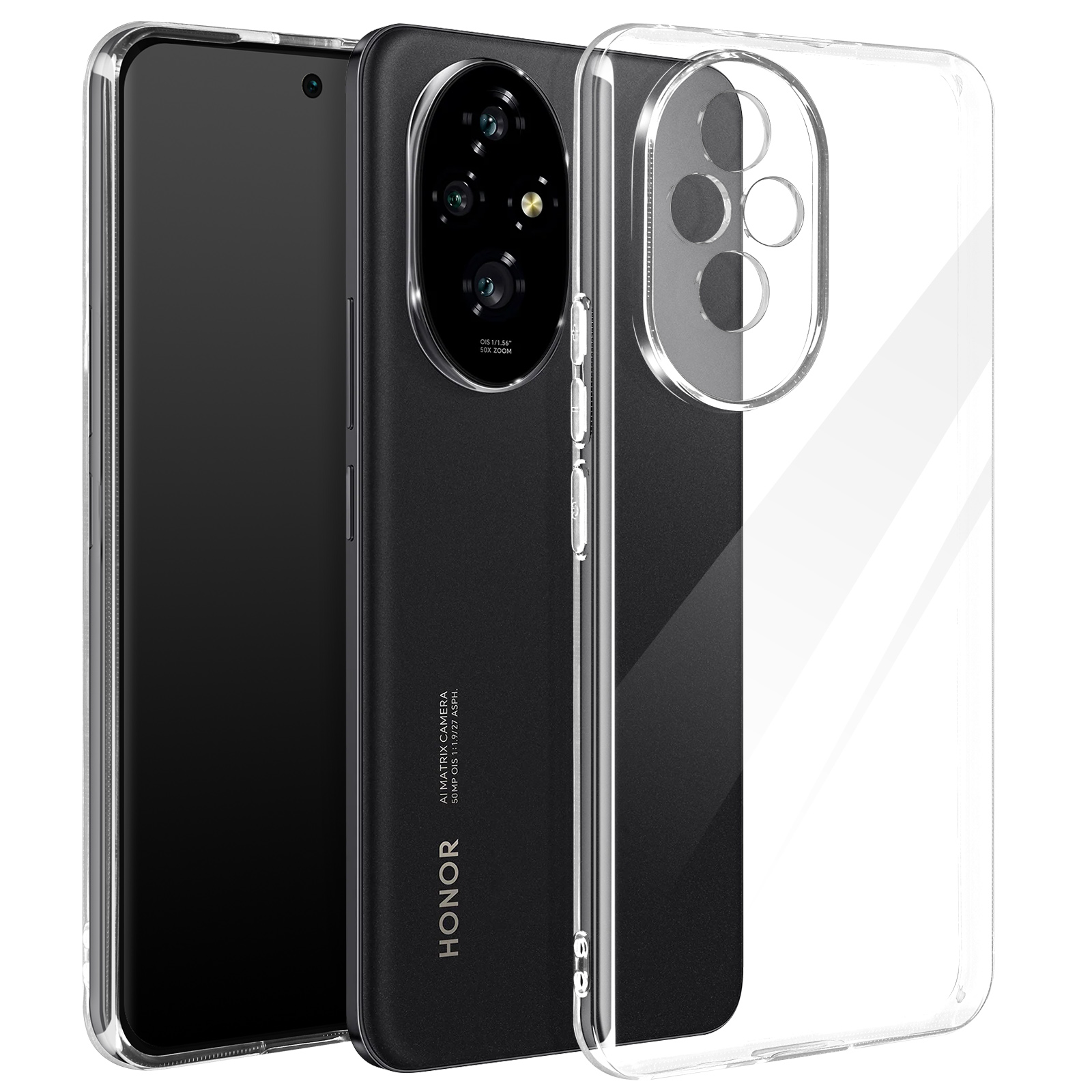 Telefono nero con custodia trasparente. La parte posteriore del telefono mostra la fotocamera e il logo Honor. La custodia è trasparente.
