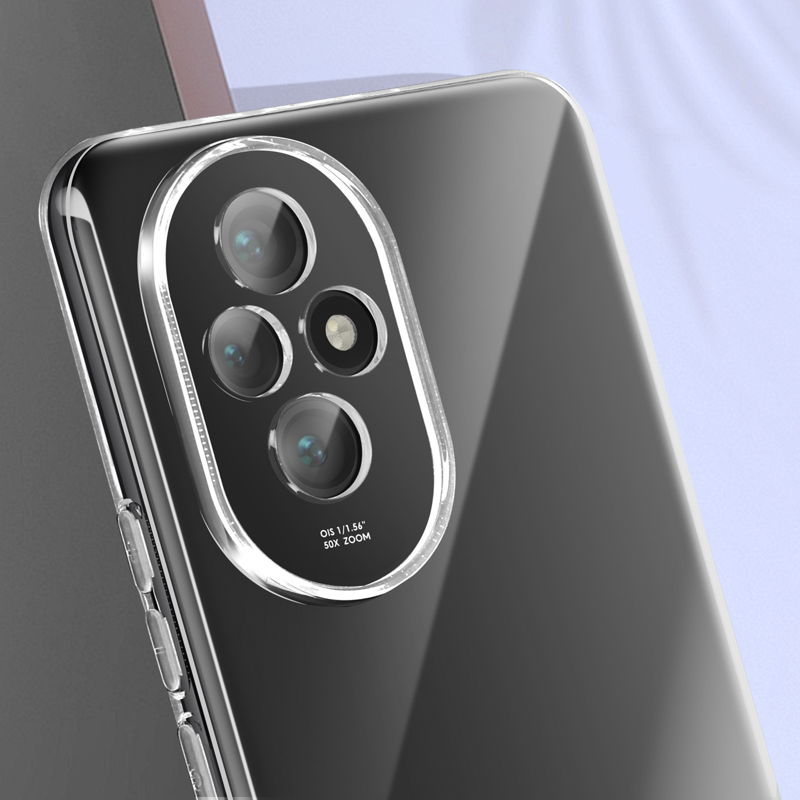 Custodia trasparente per telefono, che mostra le lenti della fotocamera con la scritta "OIS 1/1.56" 50X ZOOM".