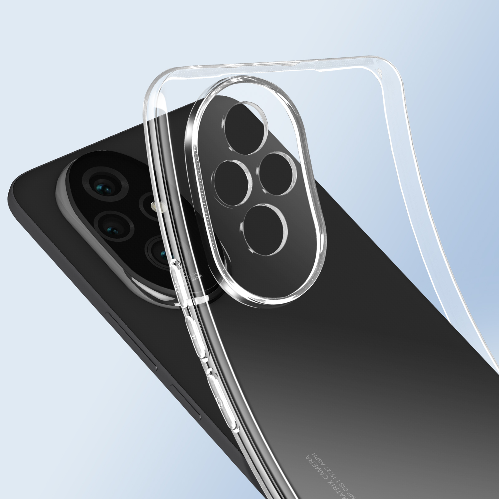 Custodia trasparente per telefono su un telefono nero. La fotocamera del telefono è visibile. La custodia ha coperture per i pulsanti.