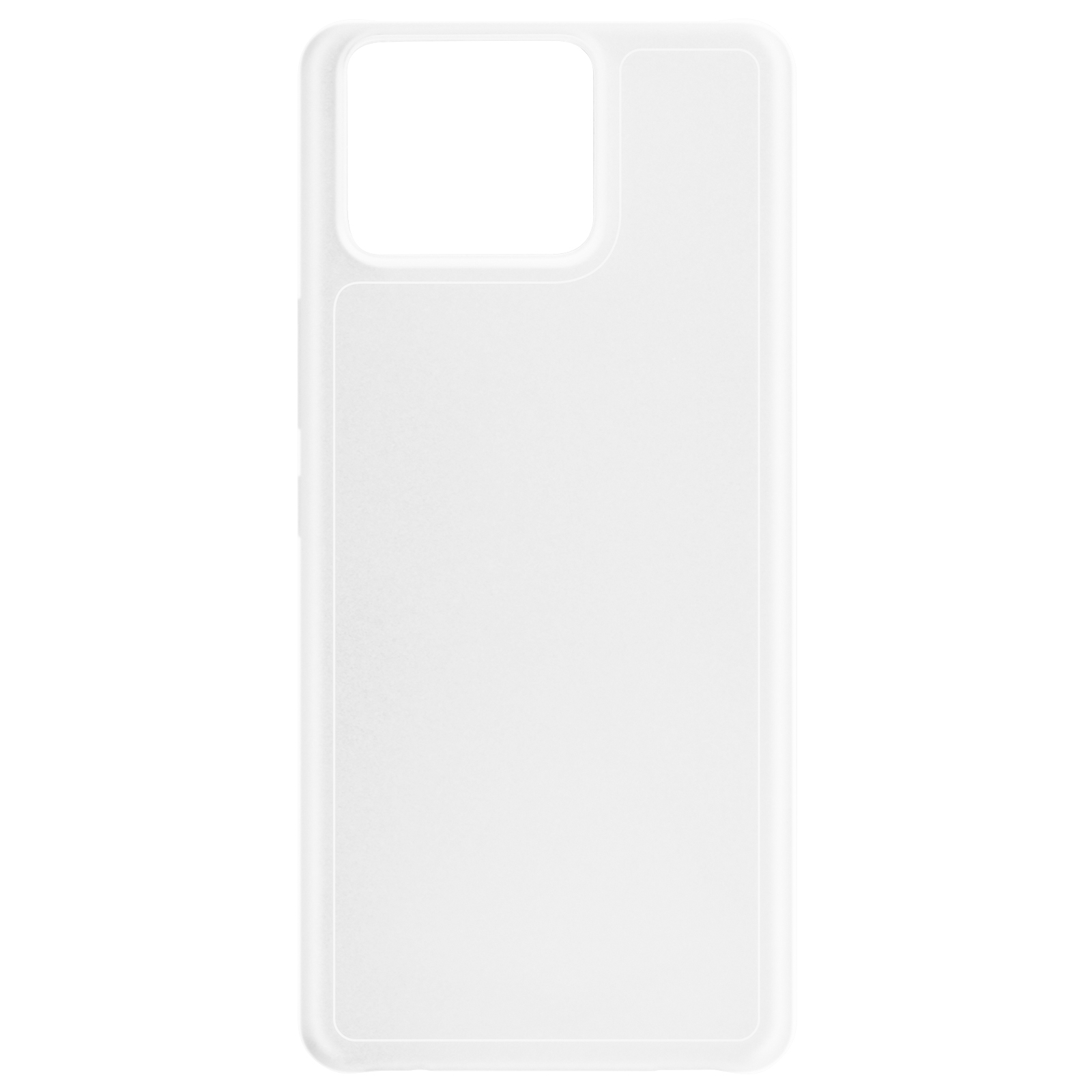 Una funda blanca para teléfono, rectangular, mostrando el recorte de la cámara.