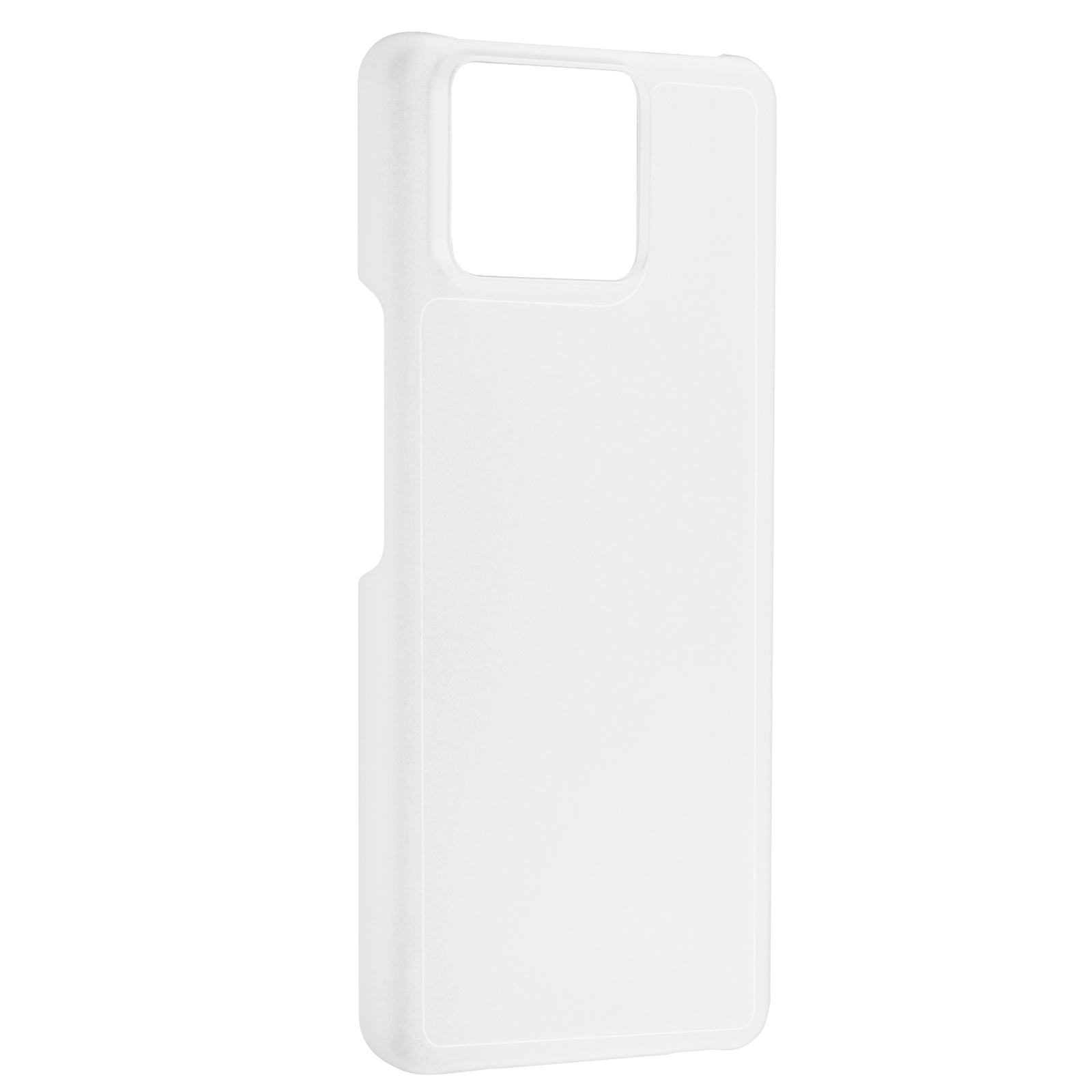 Funda de teléfono blanca. Tiene un recorte cuadrado para la cámara del teléfono.