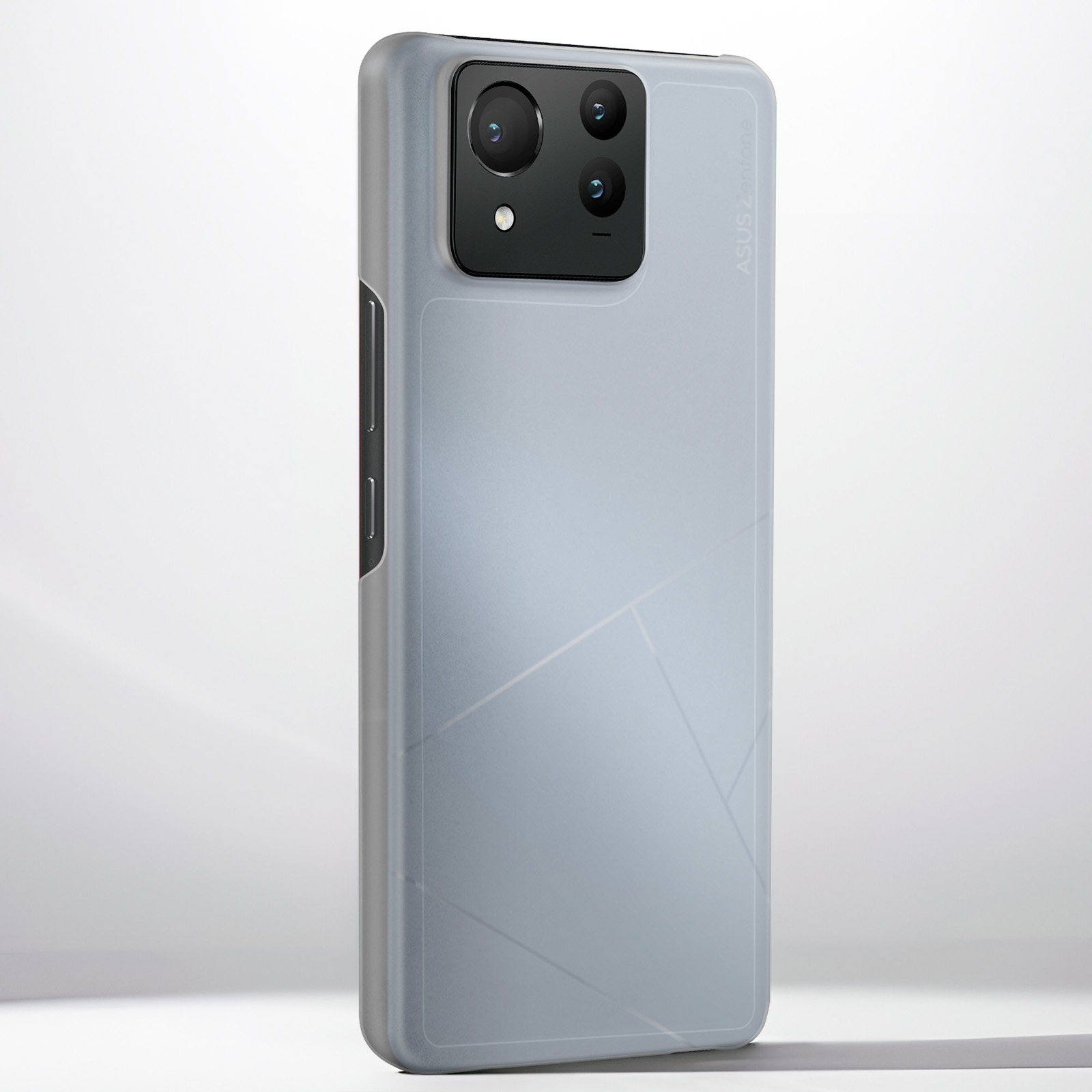 Una funda de teléfono con el logotipo de ASUS, color gris claro.