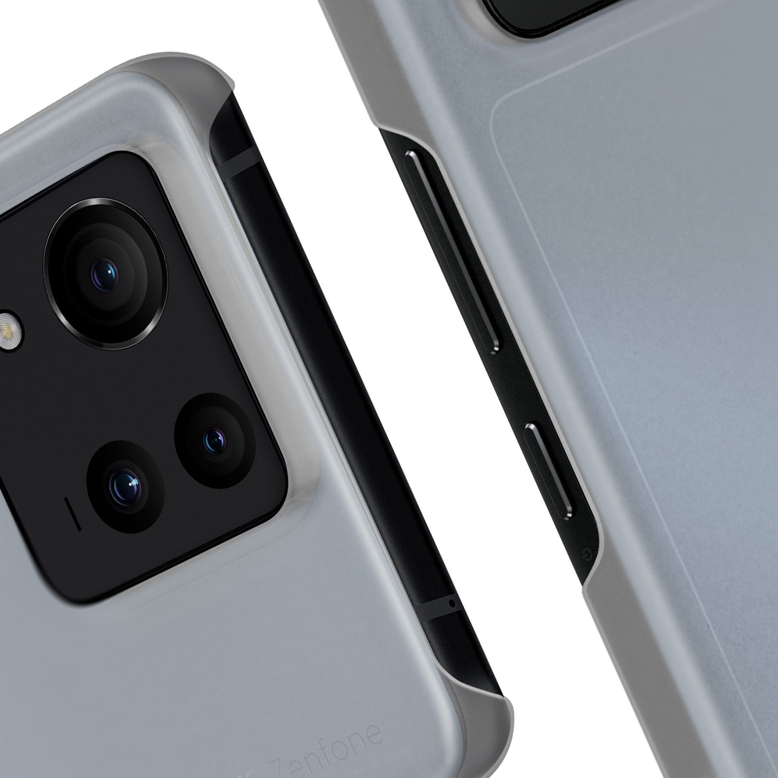 Teléfono con cámara, vista lateral. Funda gris. Muestra los botones en el lateral.