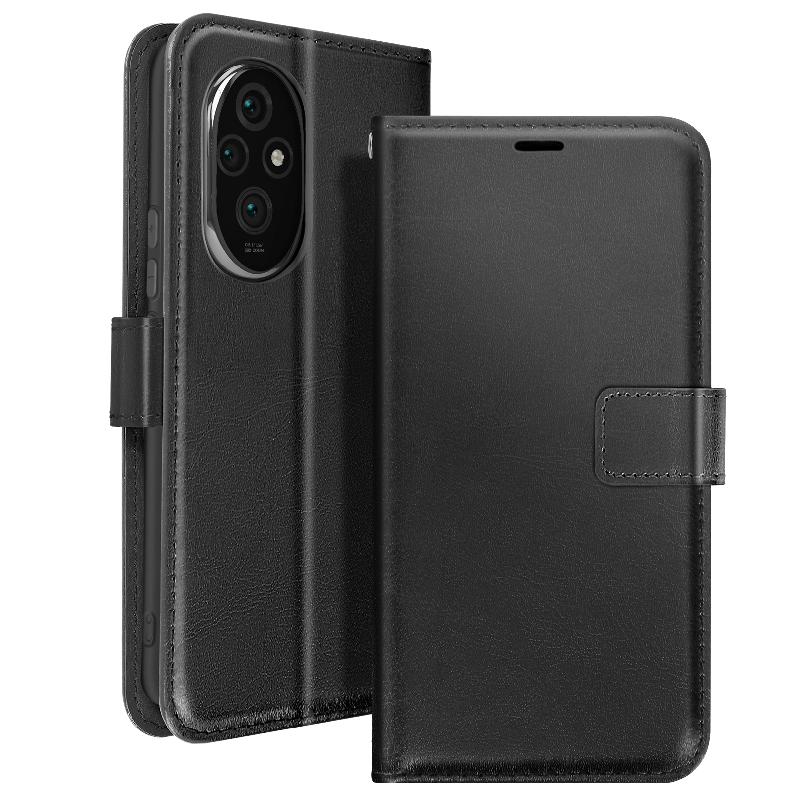 Custodia nera per telefono, aperta, che mostra le lenti della fotocamera.