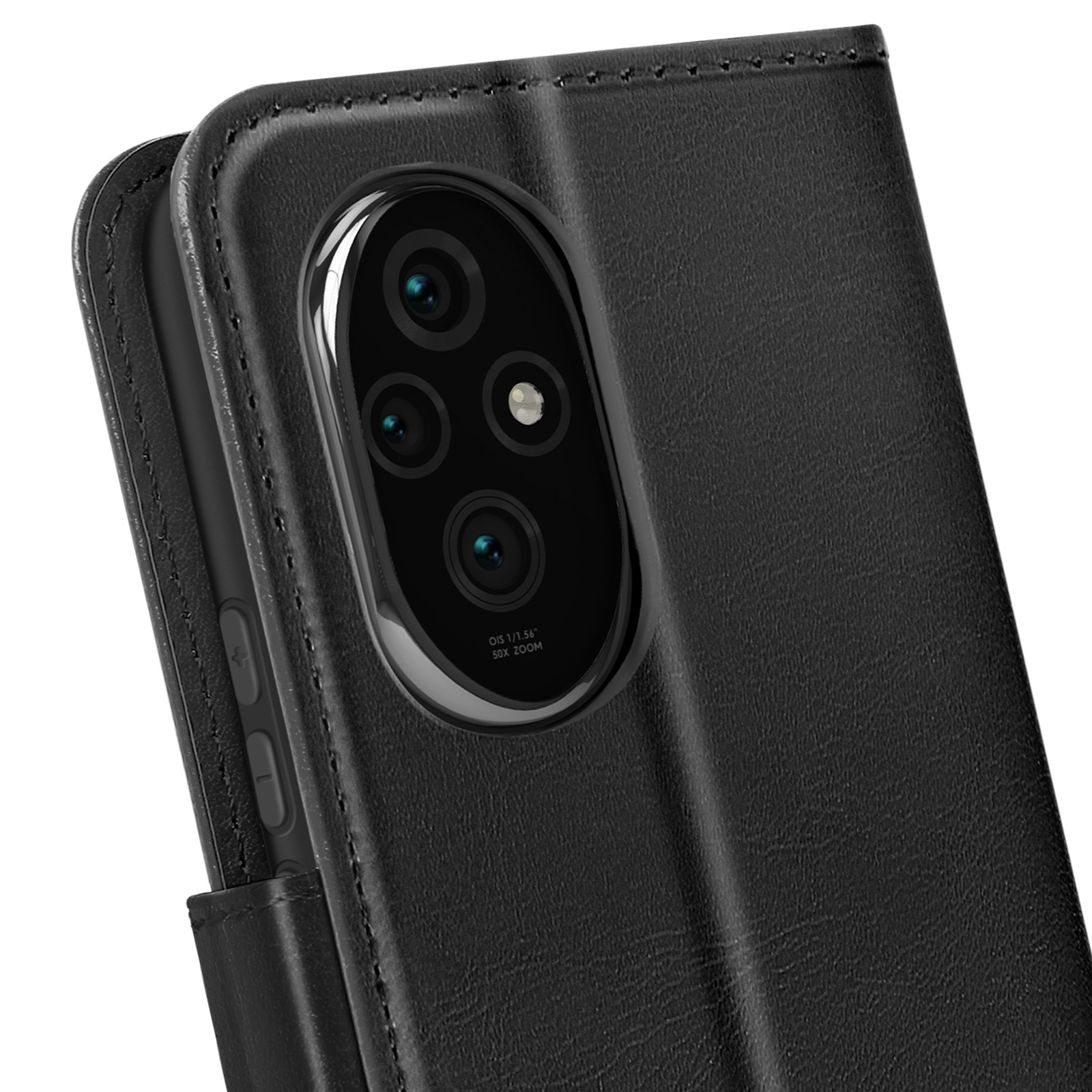 Custodia nera per telefono aperta, che mostra le lenti della fotocamera.